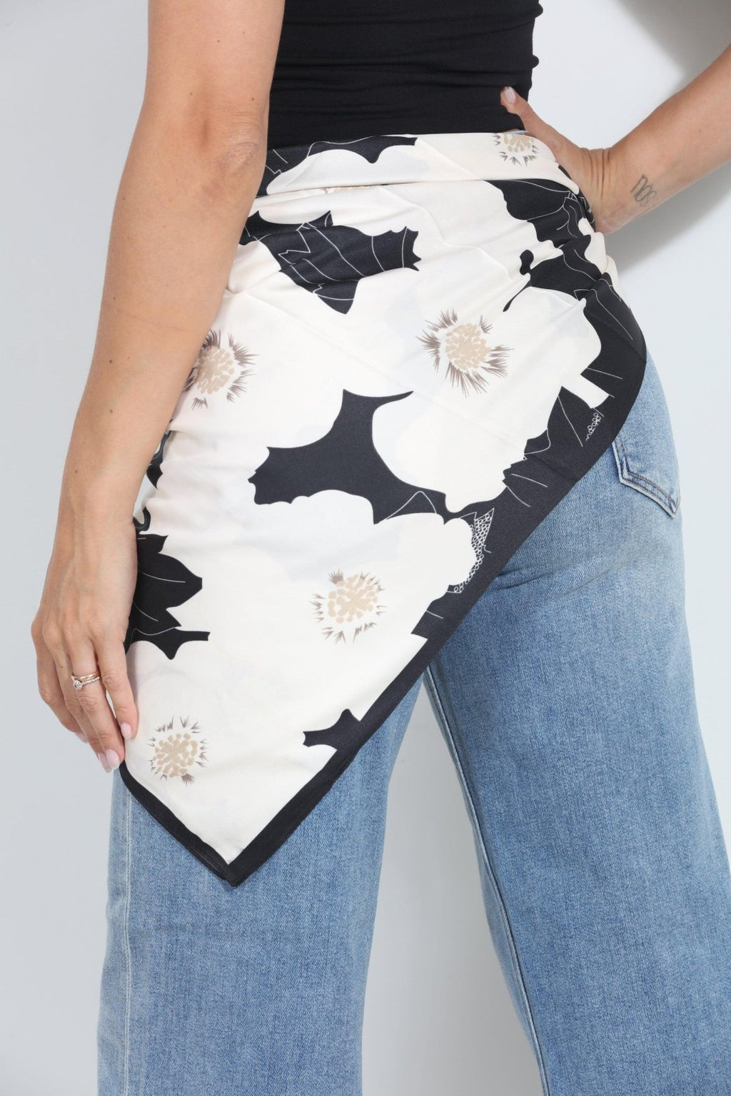Ivory and Black Floral Silky Scarf