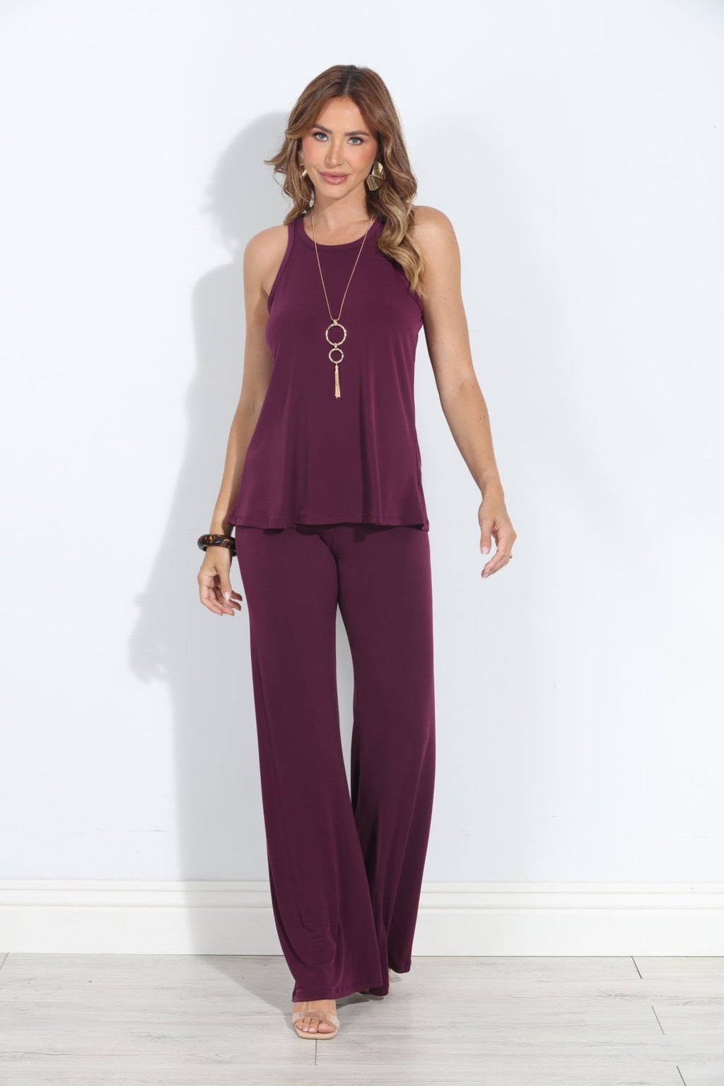 Eggplant Stretch Wide Leg Pants-BEST SELLER