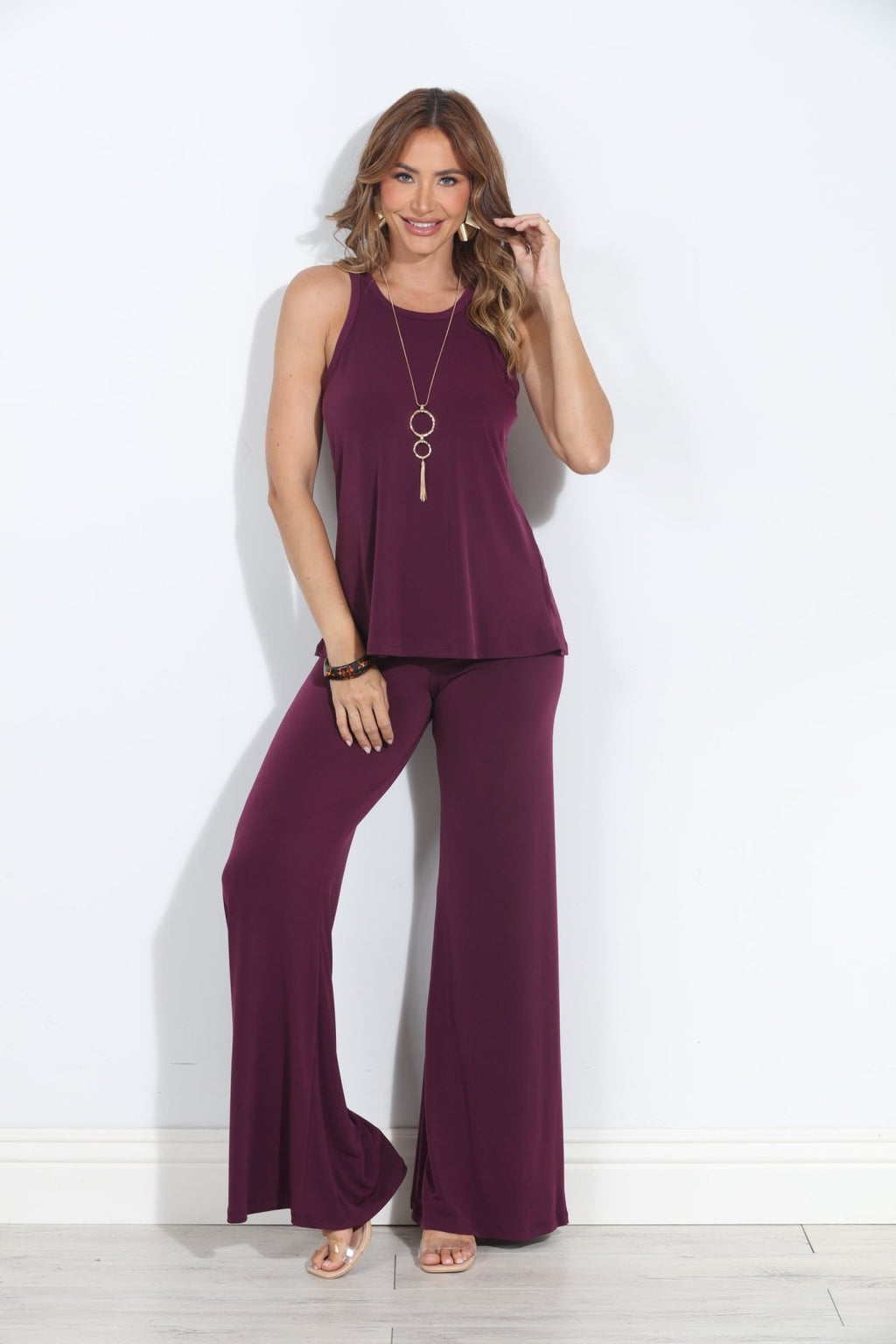 Eggplant Stretch Wide Leg Pants-BEST SELLER