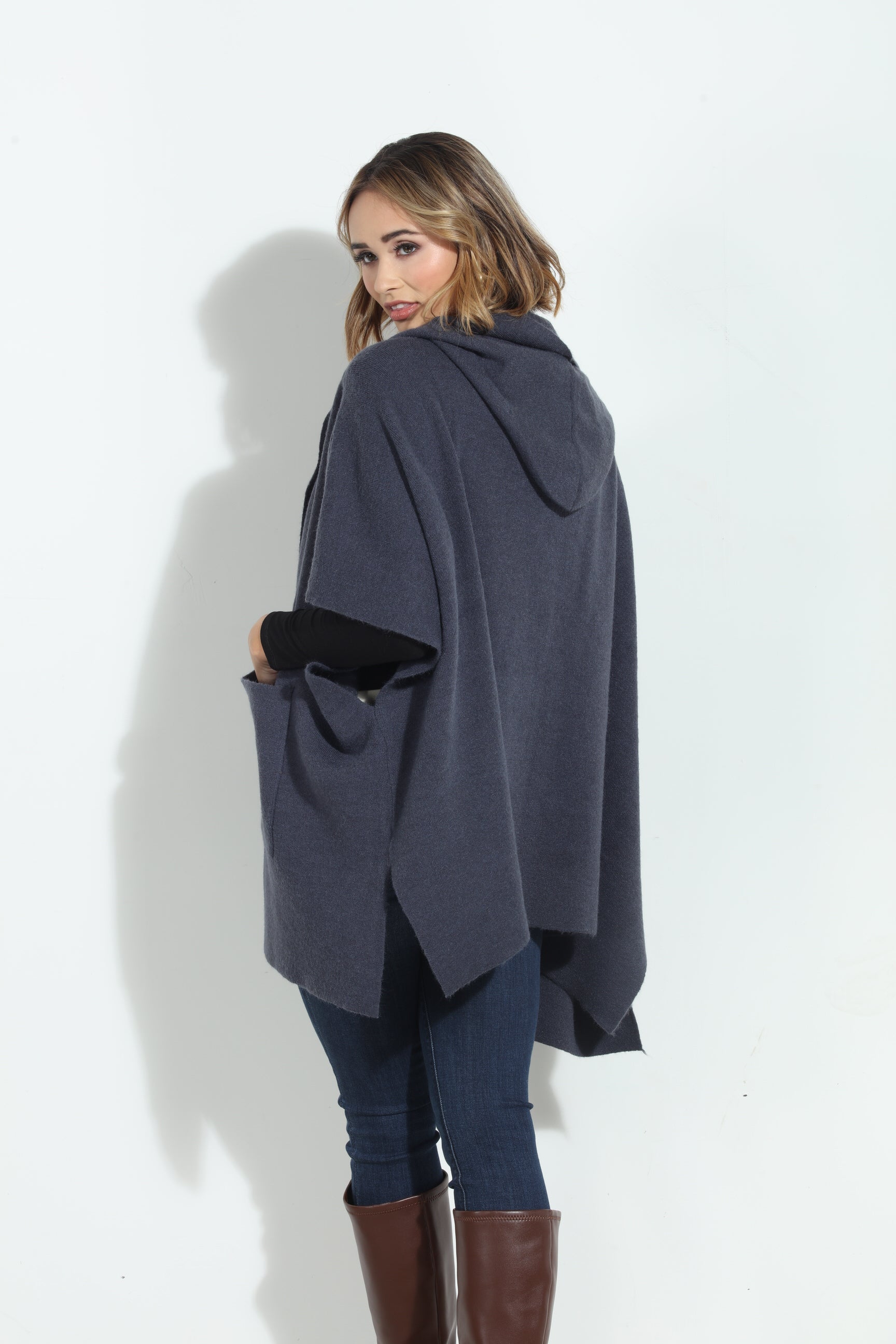 Denim Blue Cozy Hooded Poncho-BEST SELLER