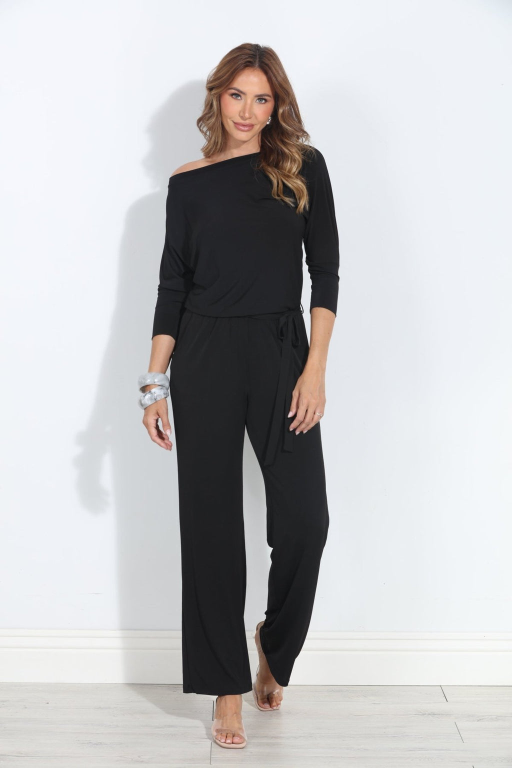 Donatella 3/4 Sleeve ITY Jumpsuit-Black