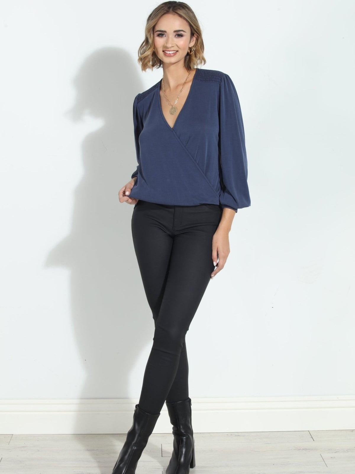 Navy Smocked Cupro Top-FINAL SALE