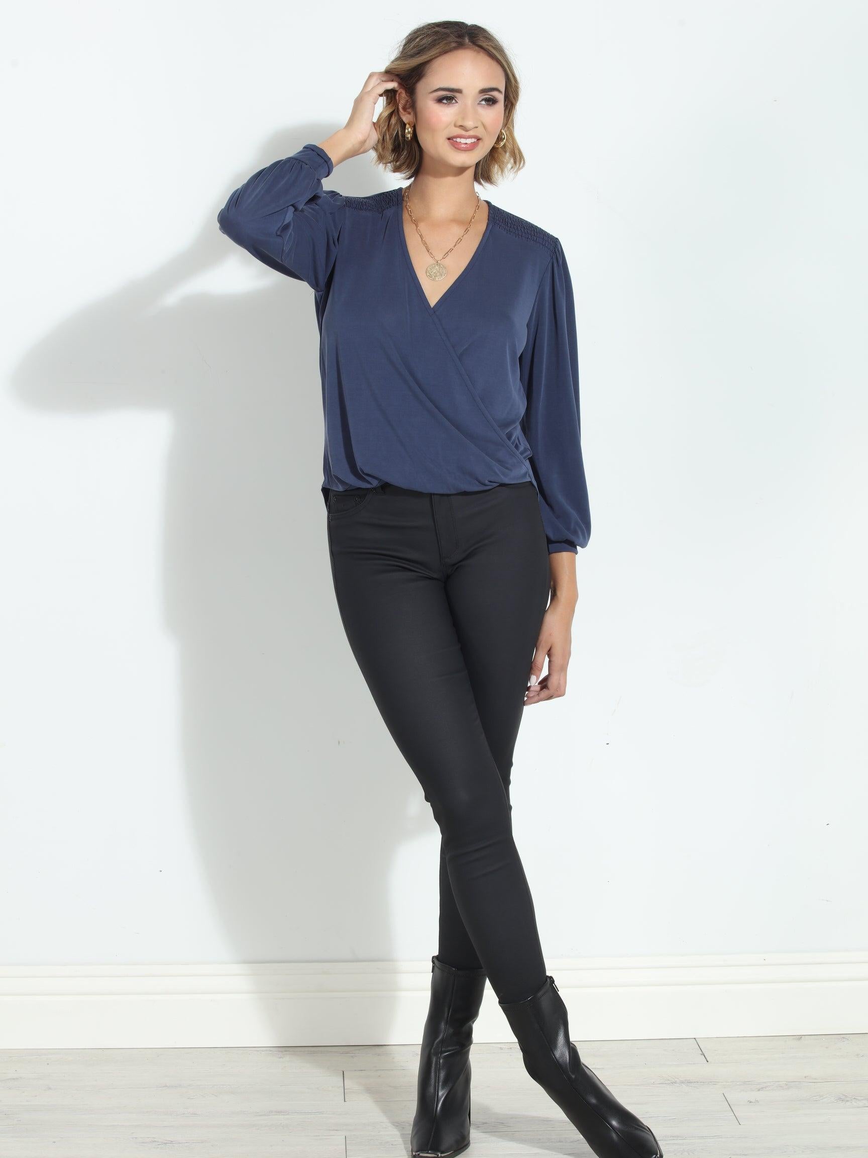 Navy Smocked Cupro Top-FINAL SALE