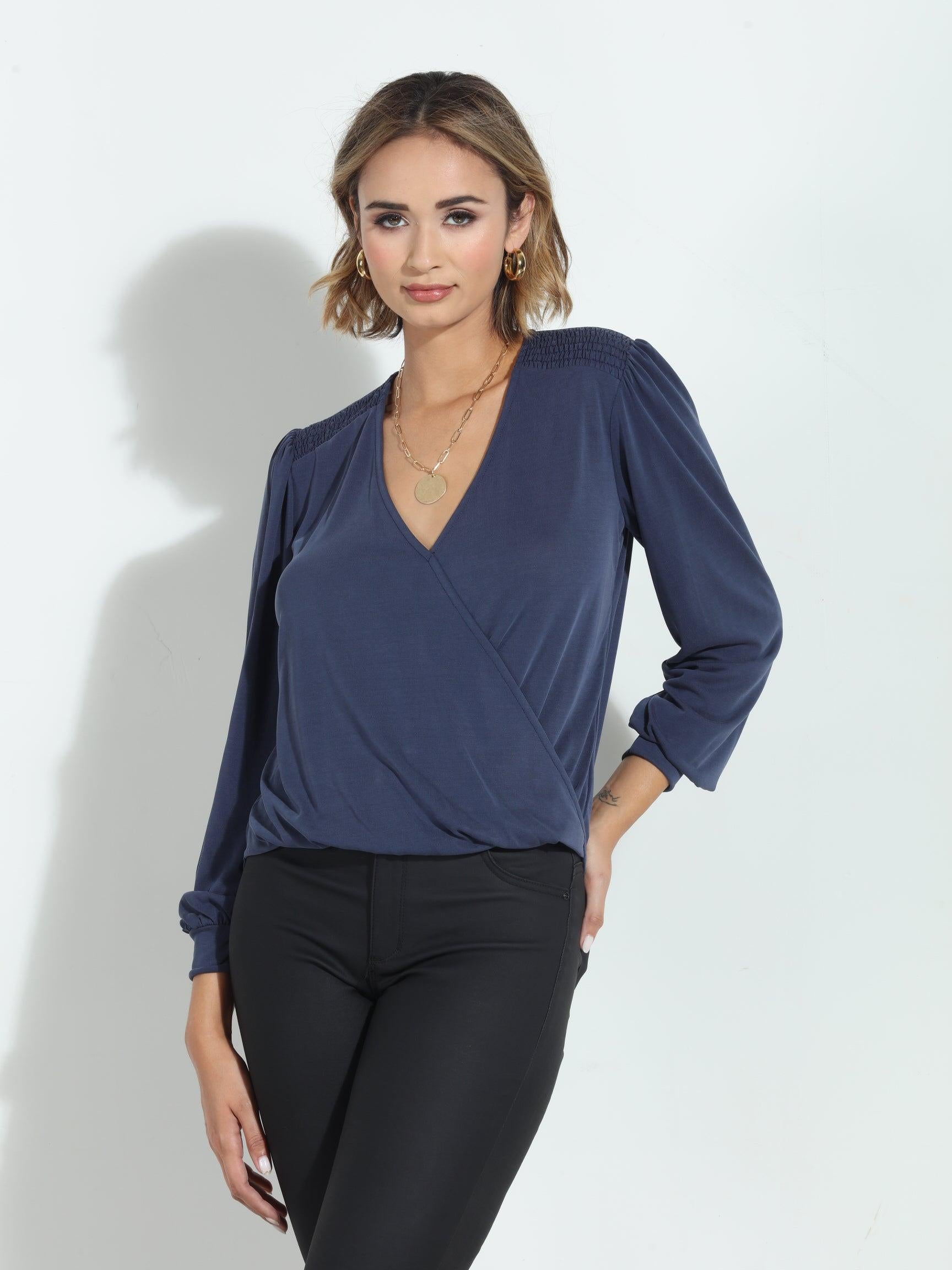 Navy Smocked Cupro Top-FINAL SALE