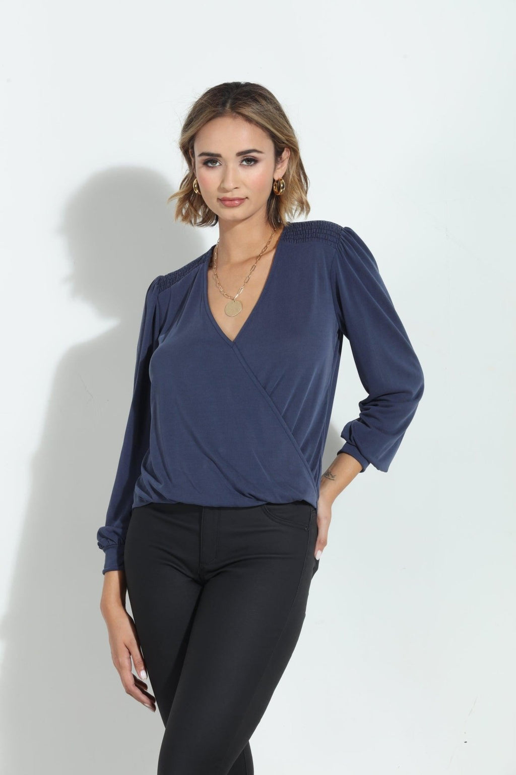 Navy Smocked Cupro Top-FINAL SALE