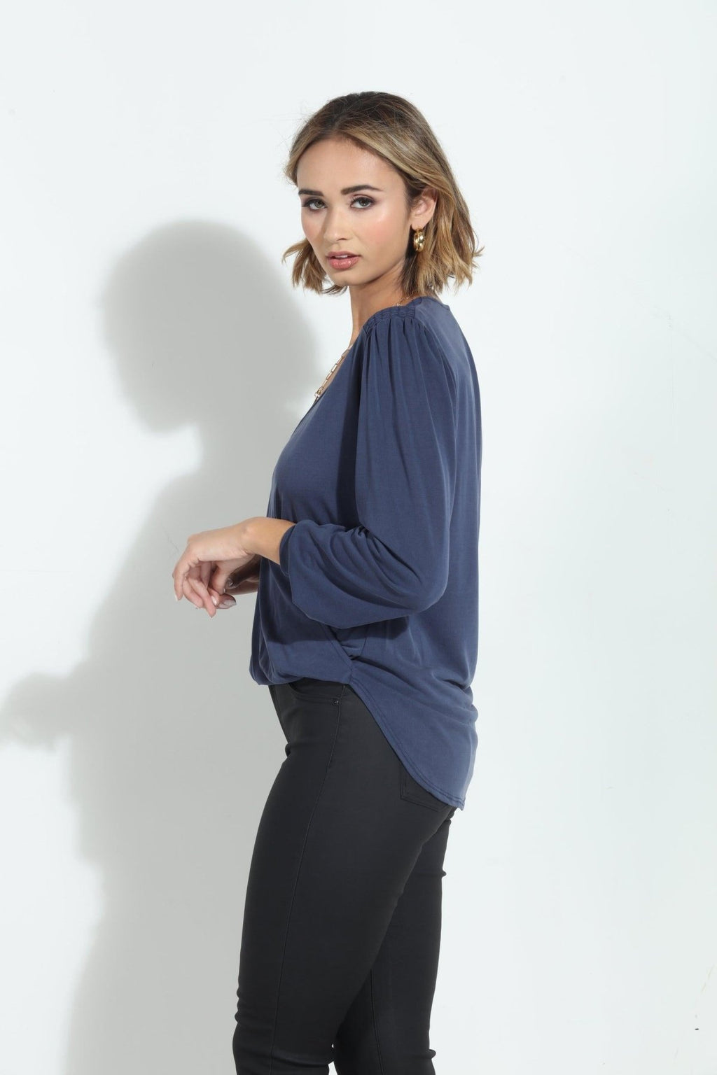 Navy Smocked Cupro Top-FINAL SALE
