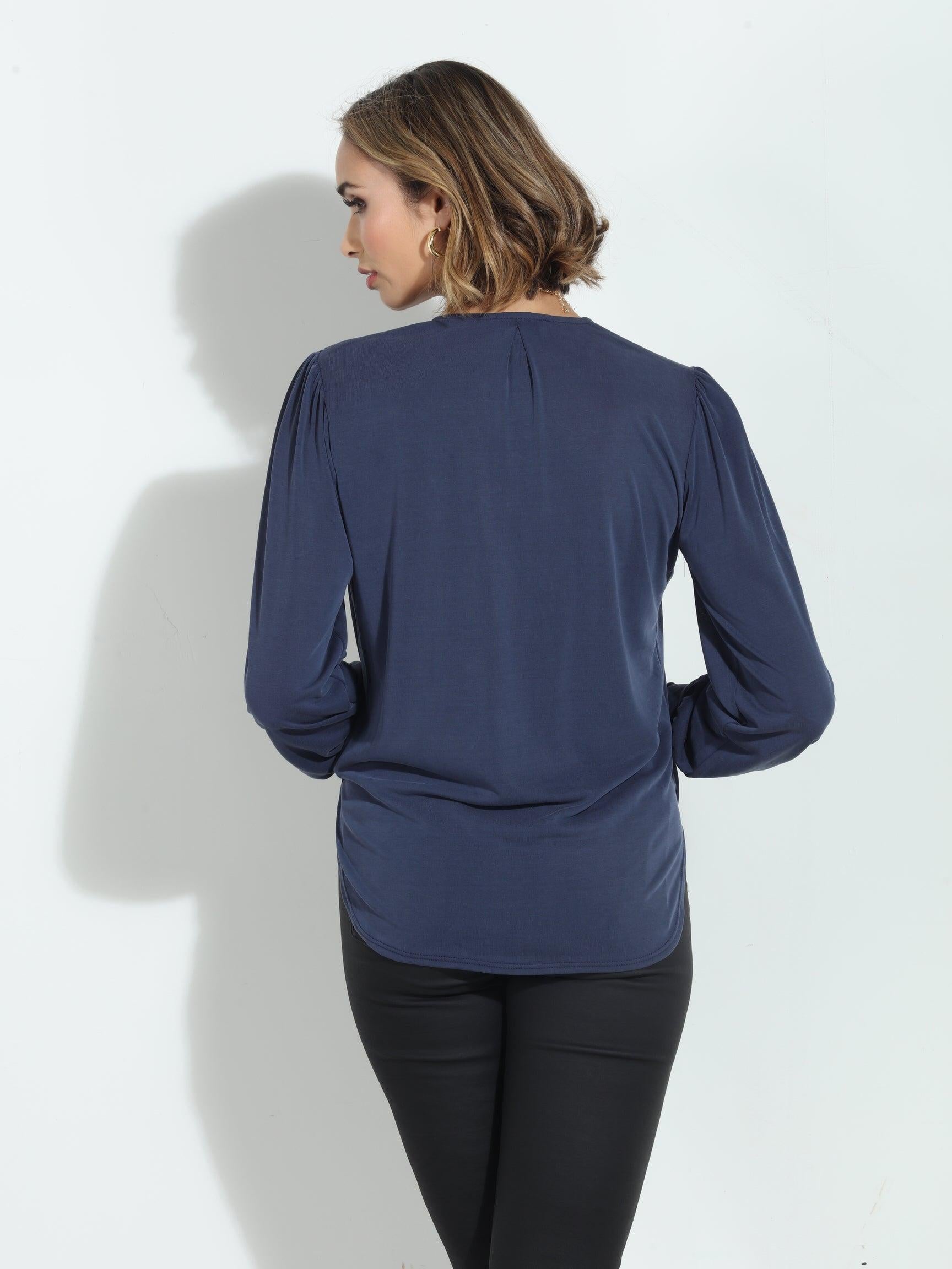 Navy Smocked Cupro Top-FINAL SALE