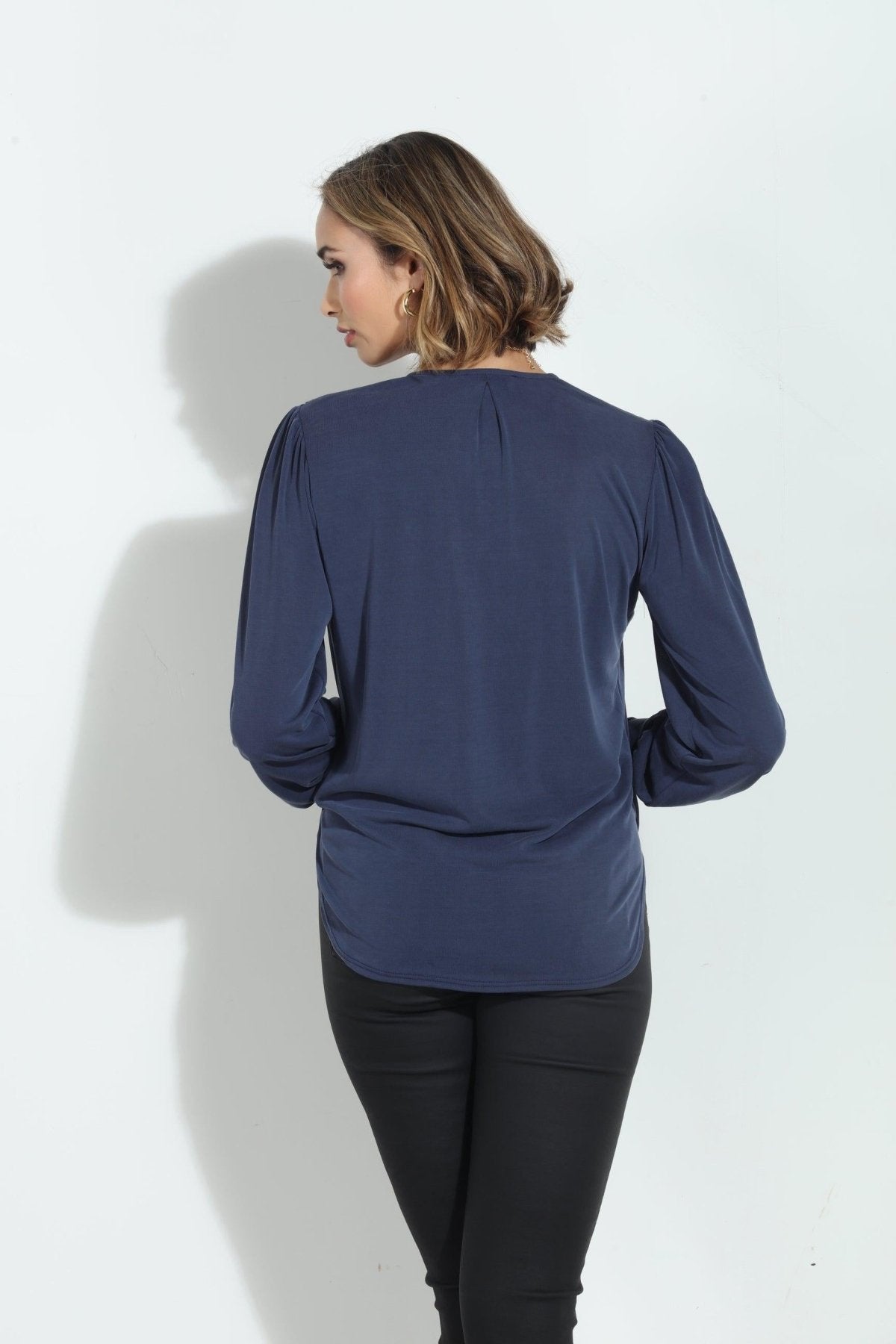 Navy Smocked Cupro Top-FINAL SALE