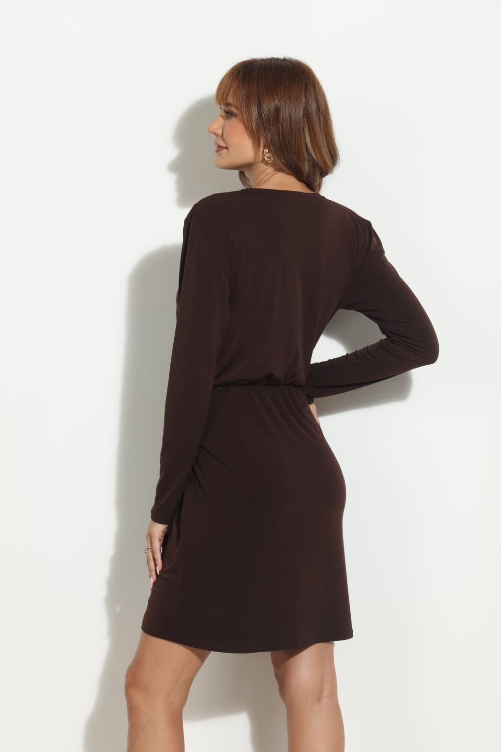 Chocolate Stretch Faux Wrap Dress-BEST SELLER