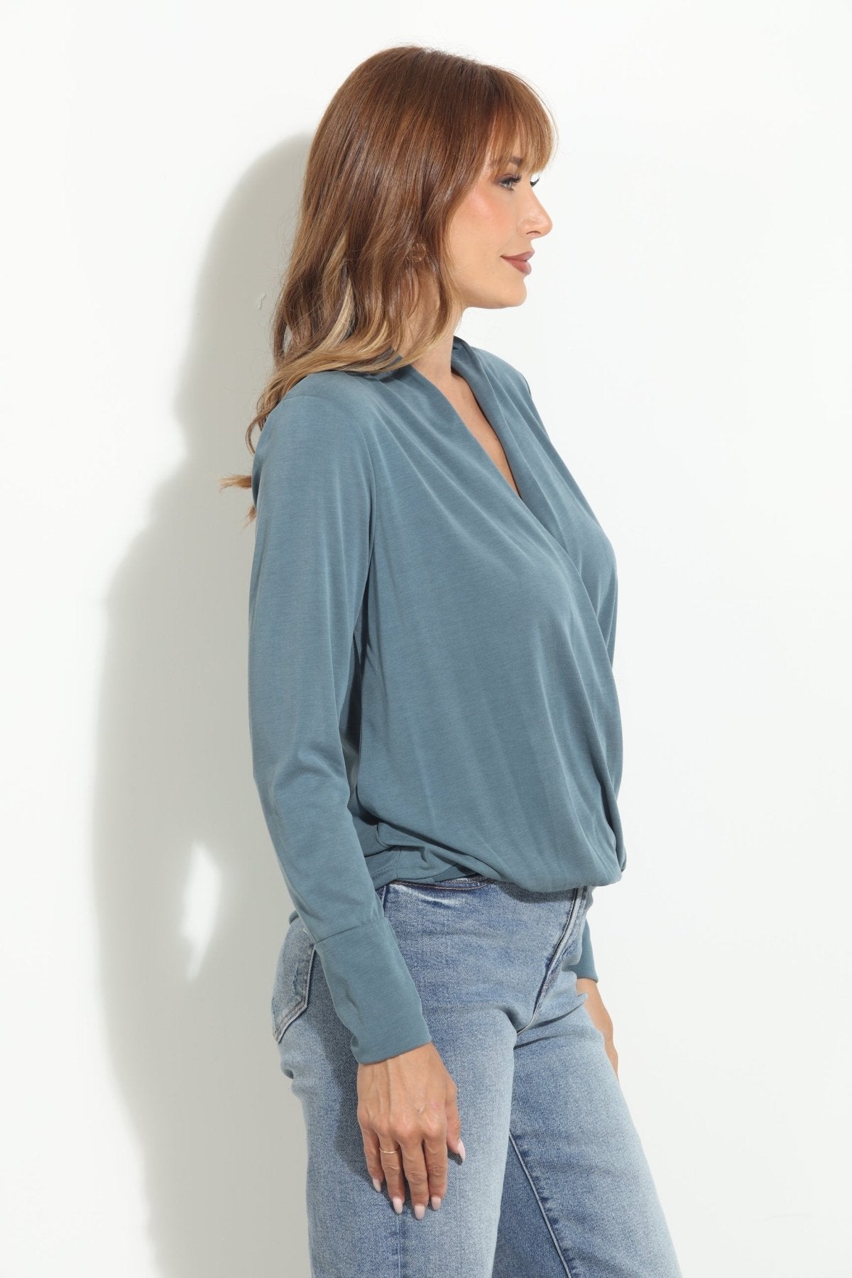 Antique Blue Cupro Draped Surplice Top - BEST SELLER