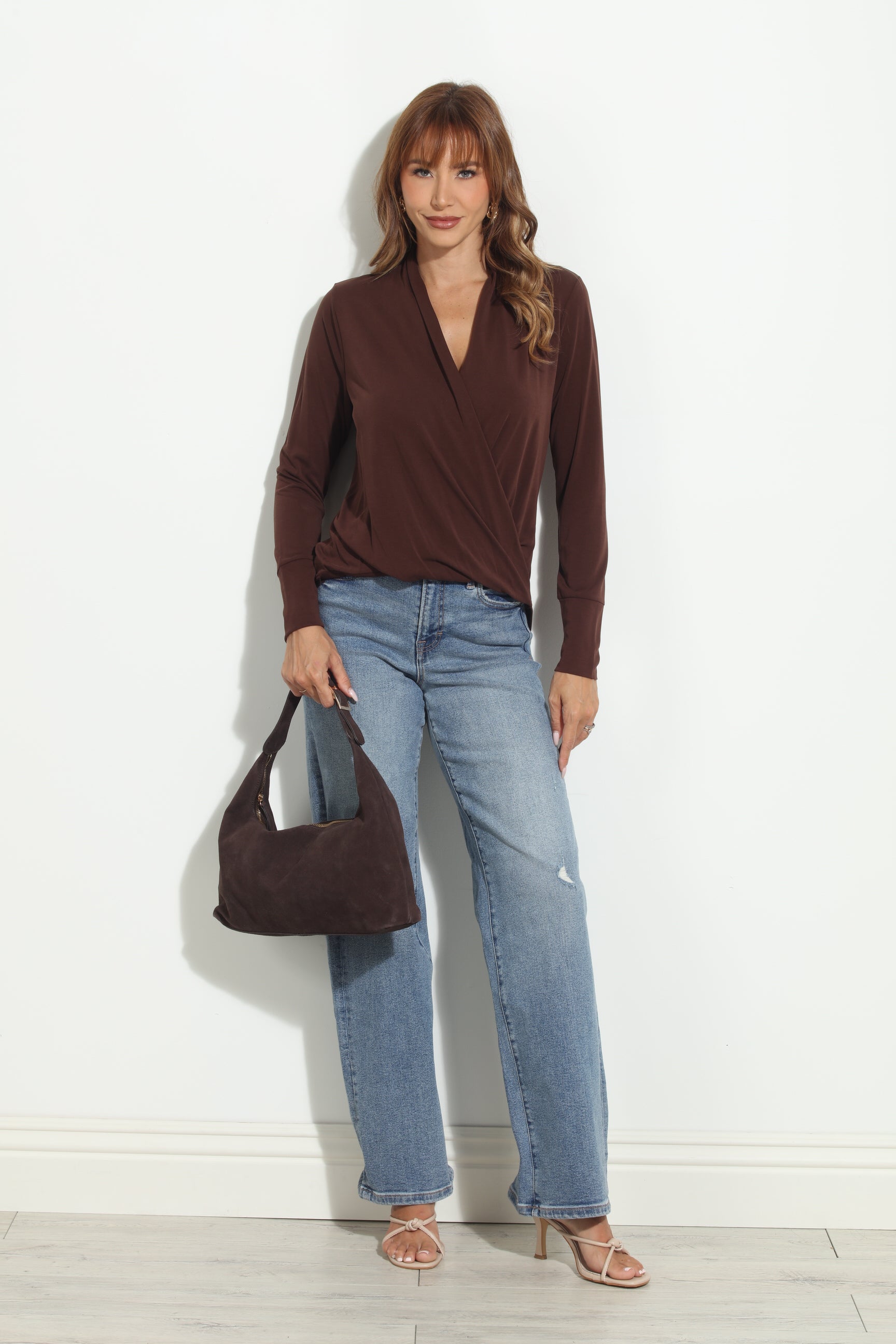 Dark Chocolate Cupro Draped Surplice Top