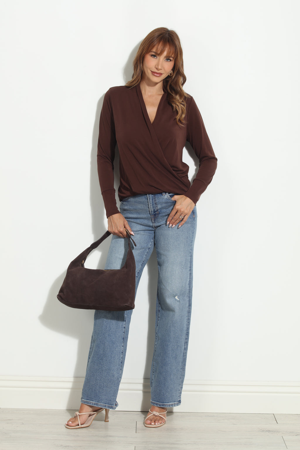 Dark Chocolate Cupro Draped Surplice Top