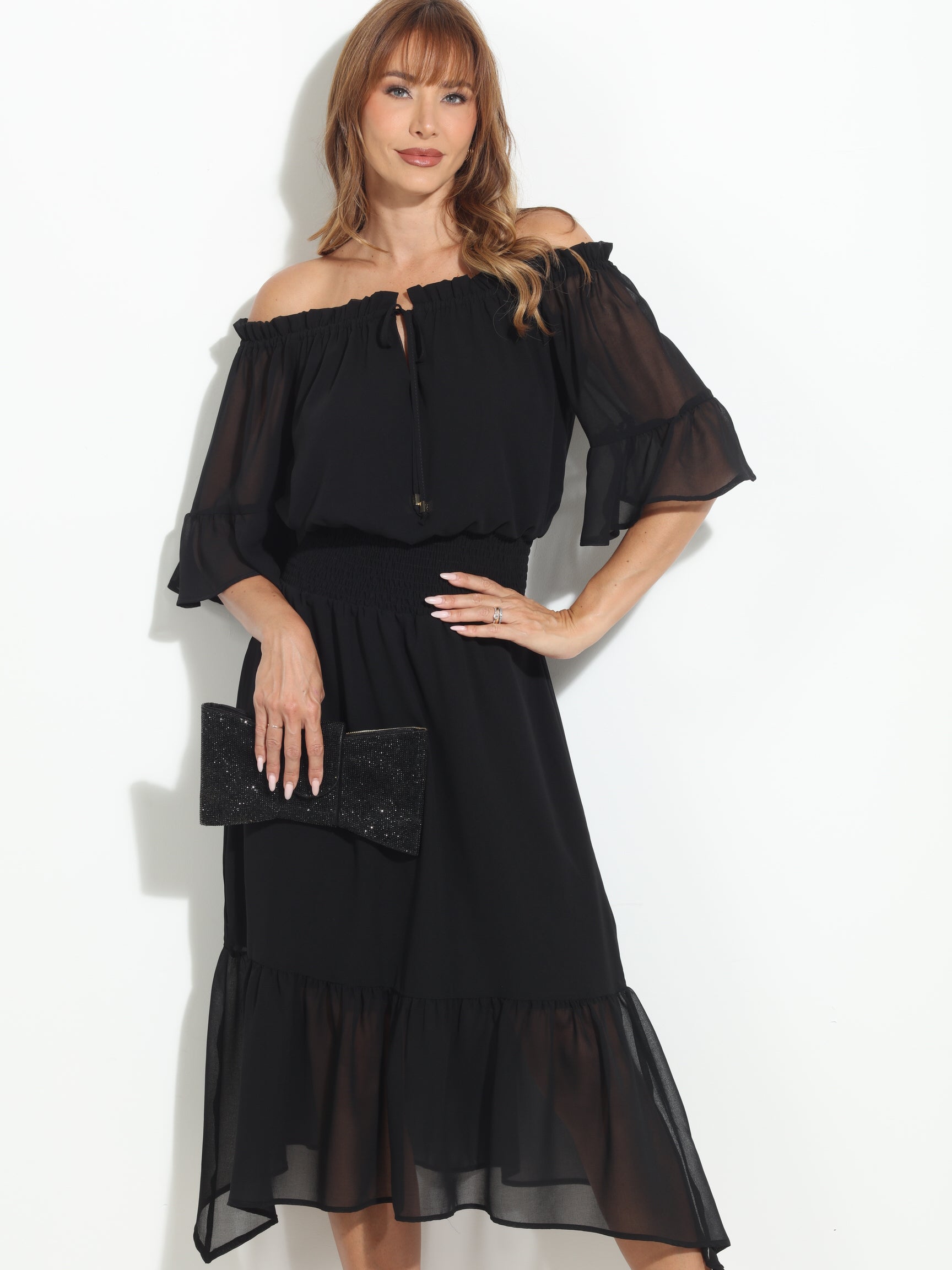 Black OTS Ruffle Maxi-BEST SELLER