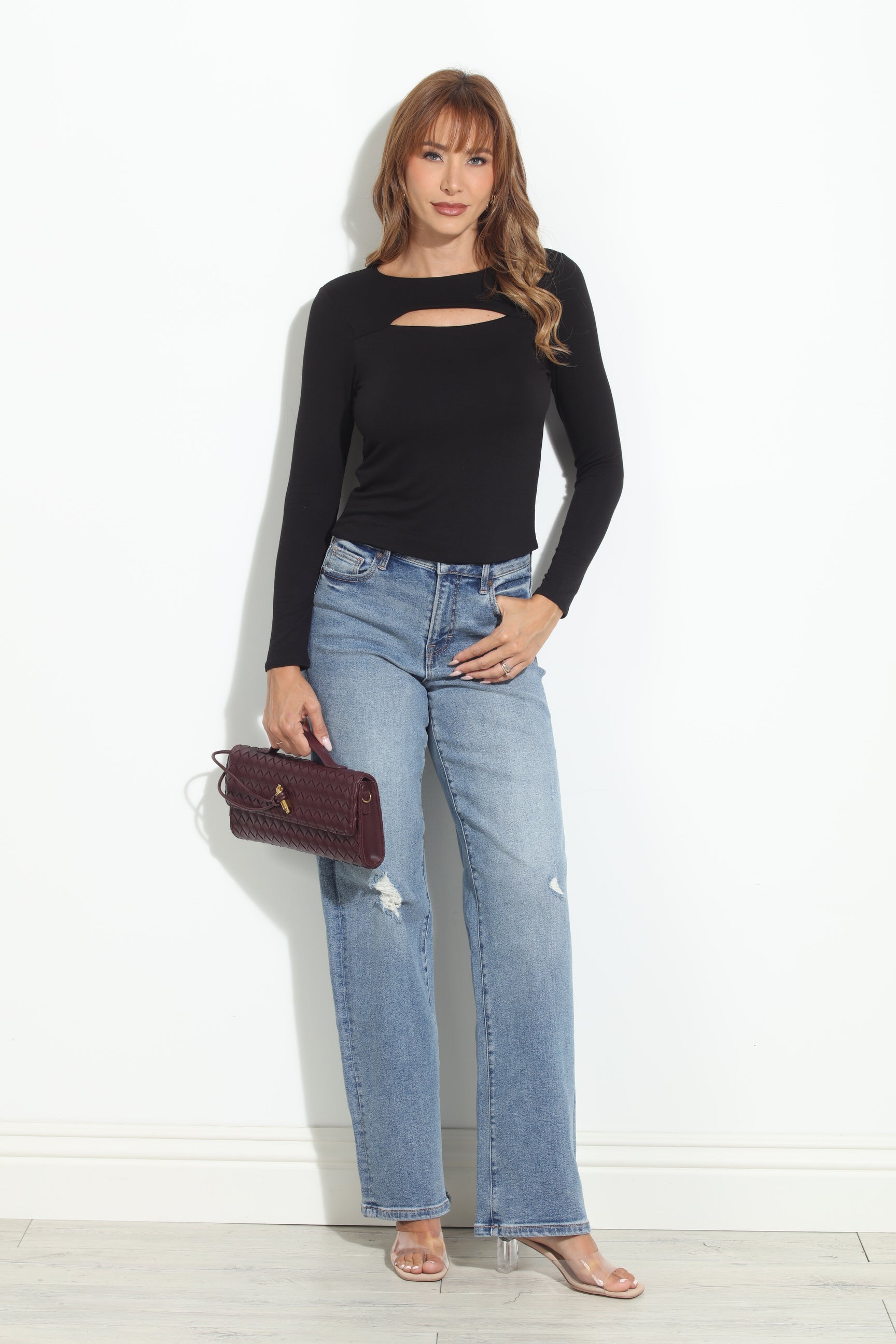 Black Long Sleeve Cut Out Top