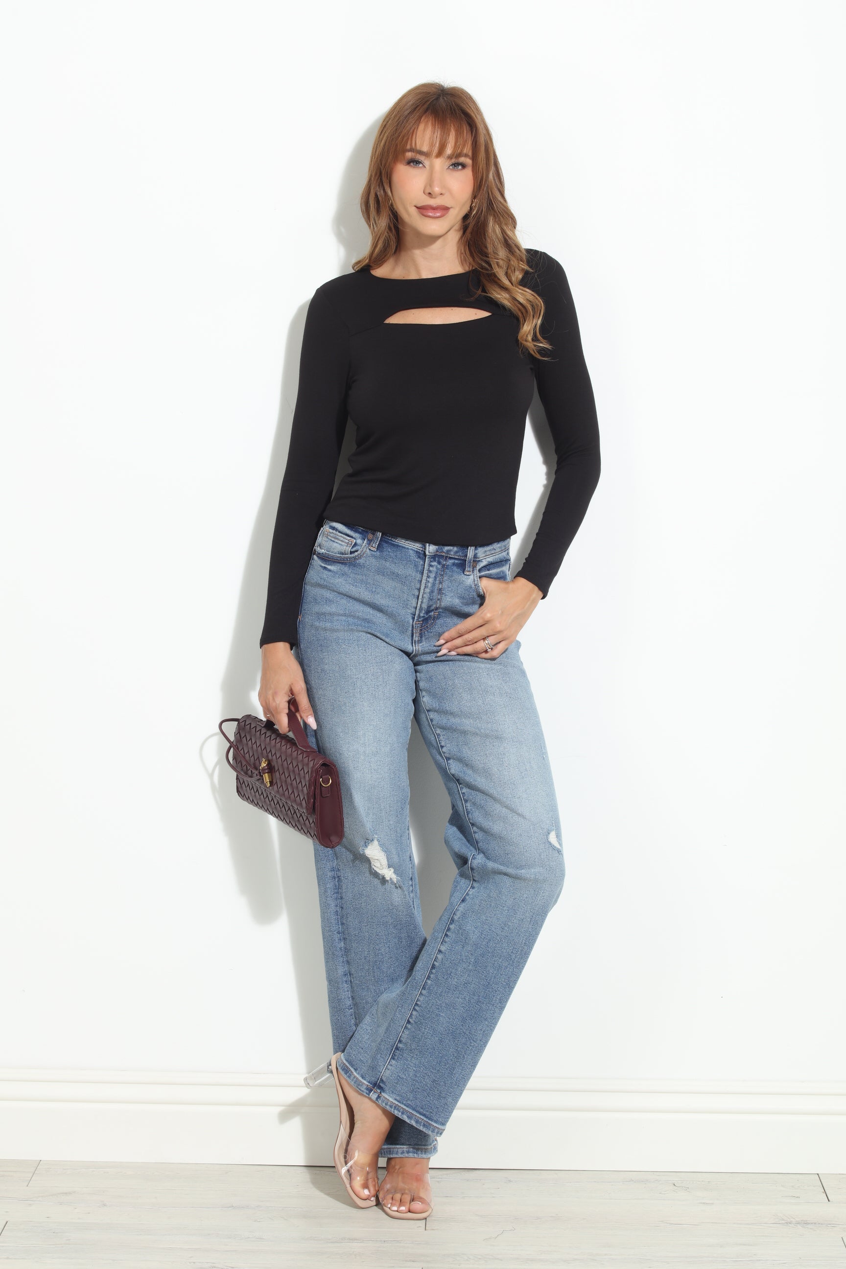 Black Long Sleeve Cut Out Top
