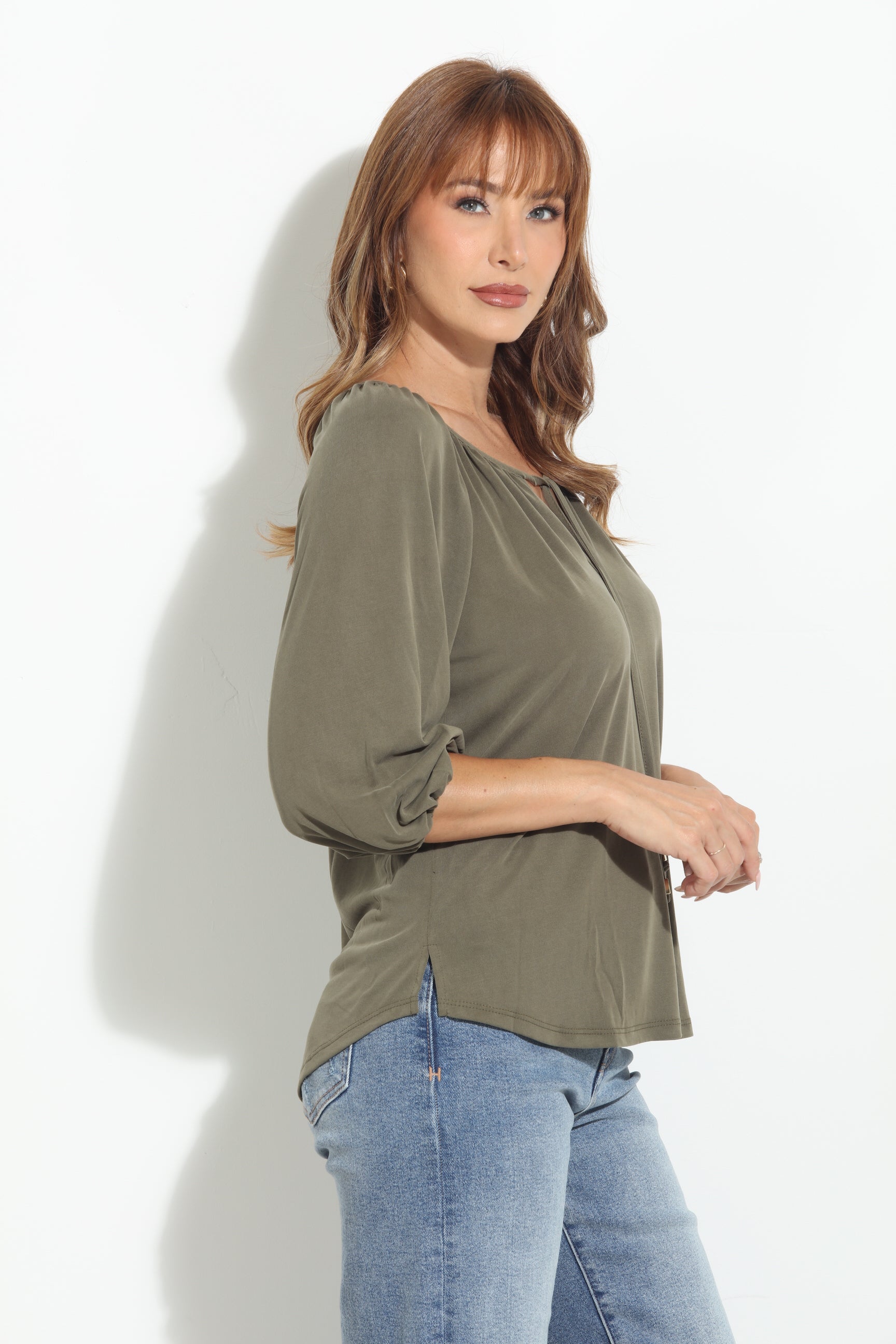 Olive Cupro Stretch Split Neck Top-BEST SELLER