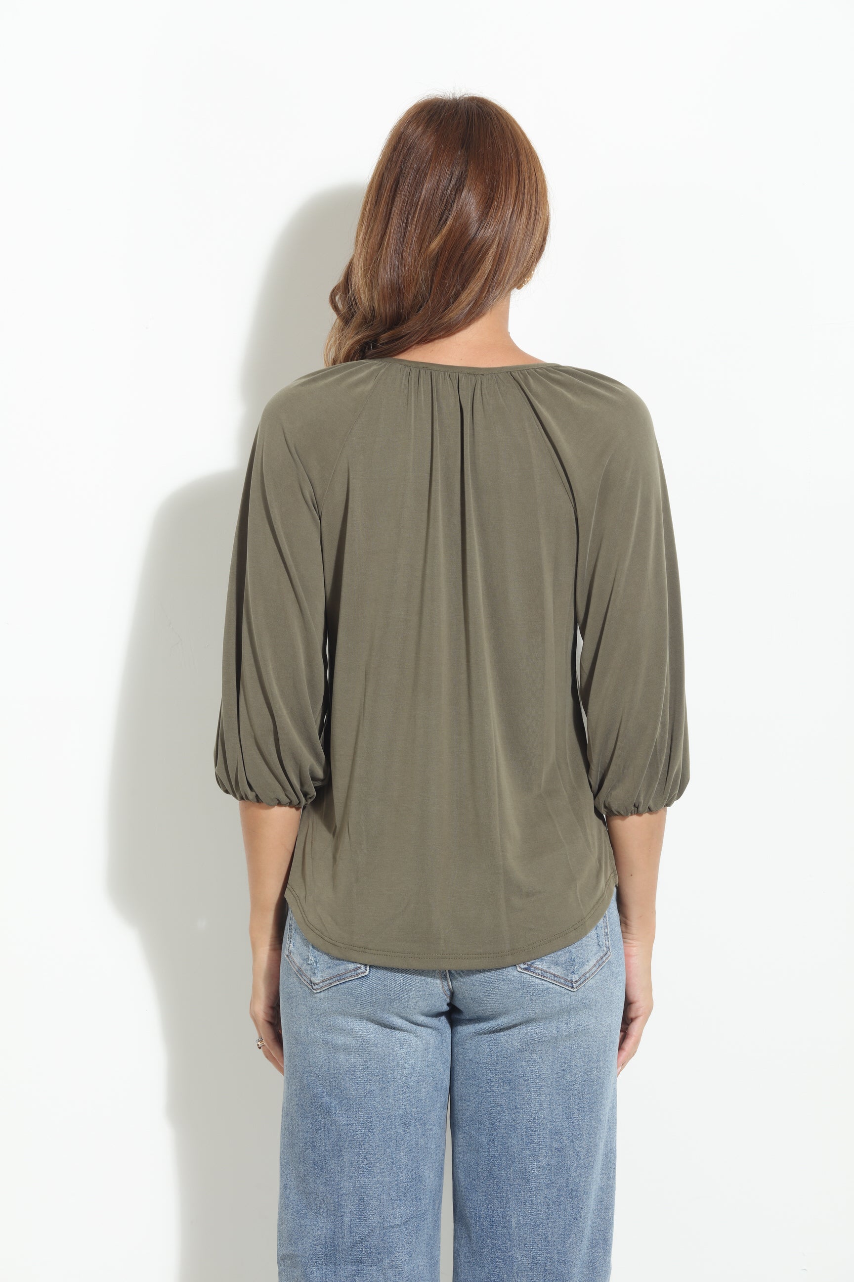 Olive Cupro Stretch Split Neck Top-BEST SELLER