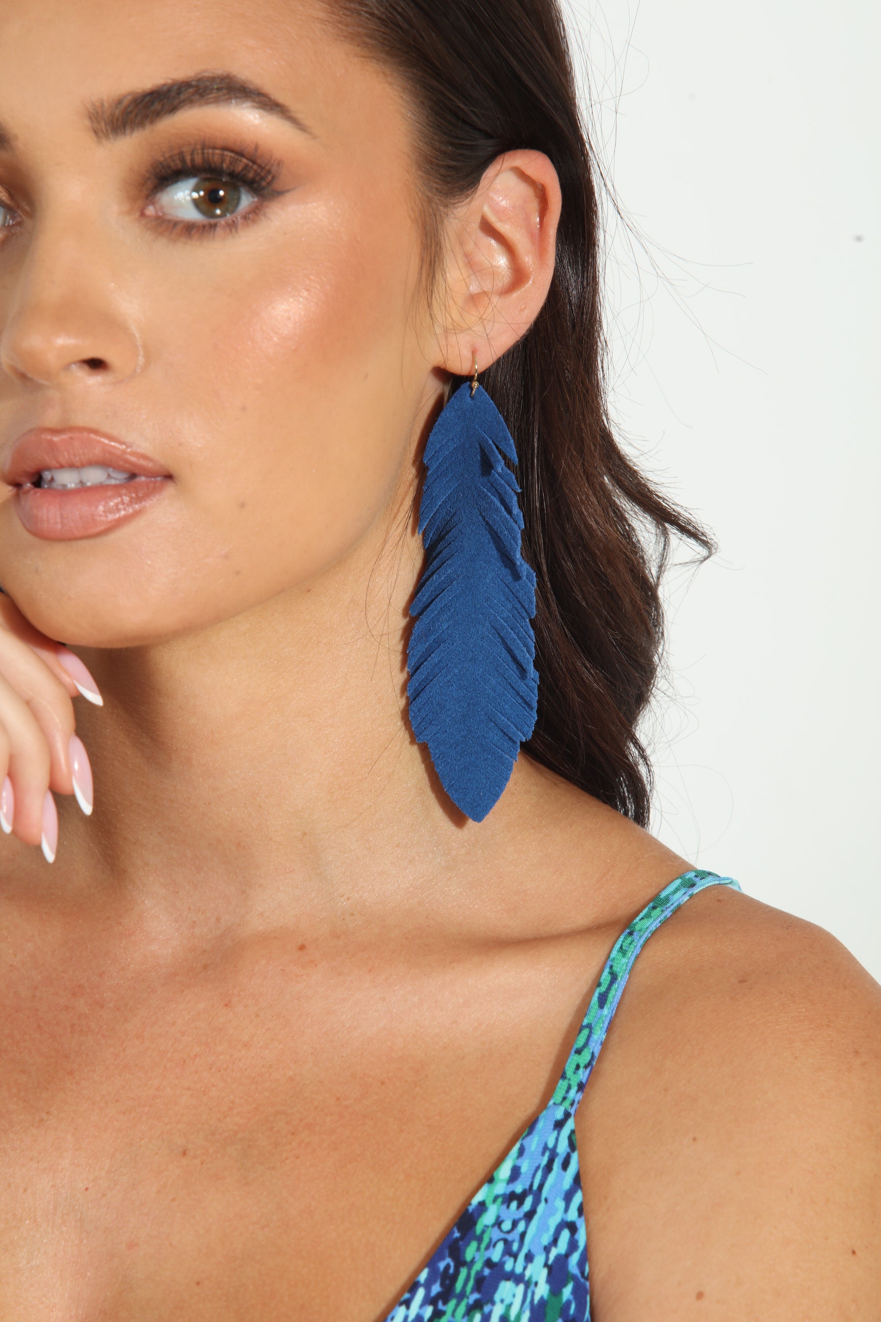 Blue Faux Leather Feather Earrings