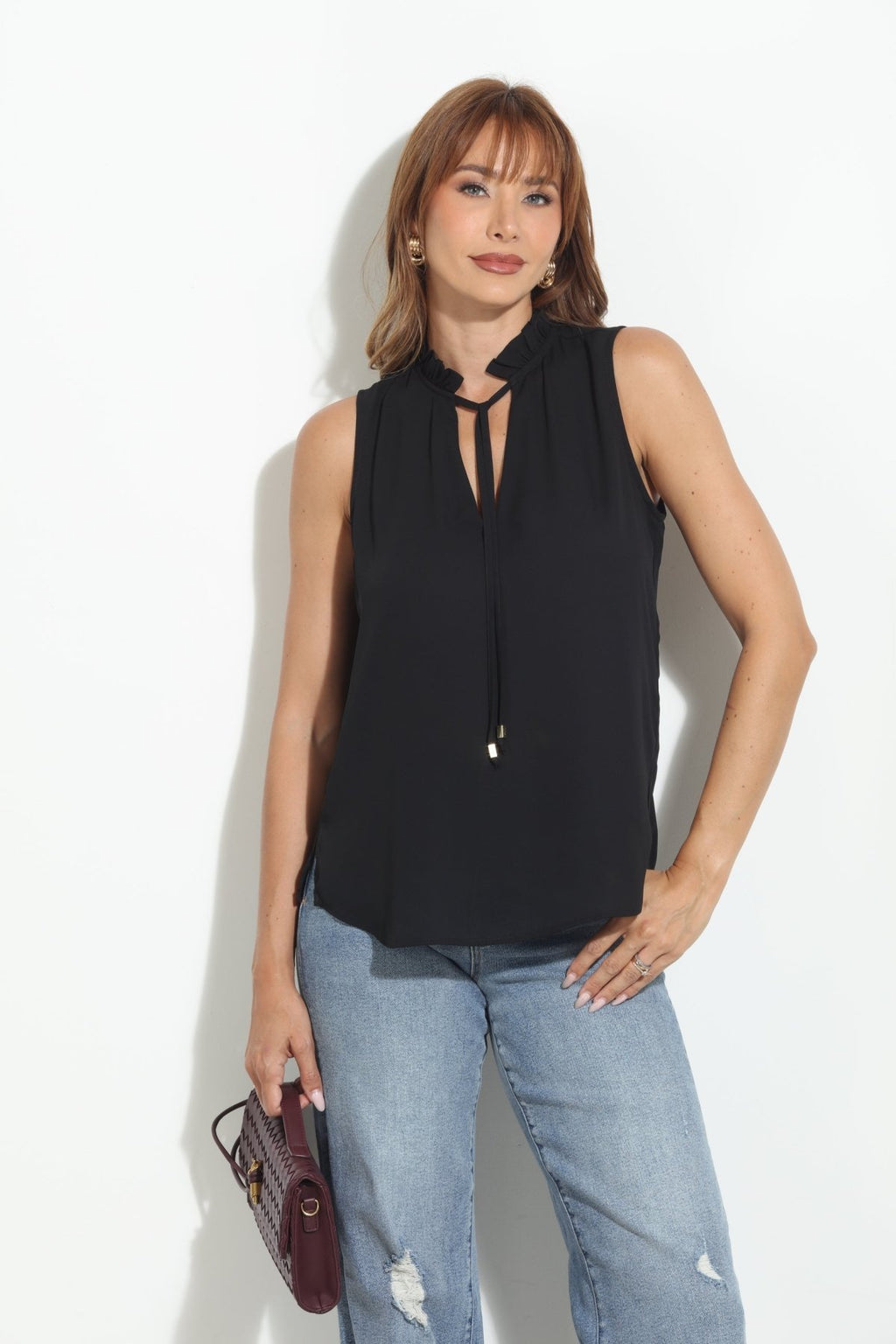 Onyx Pleated Neck Sleeveless Blouse