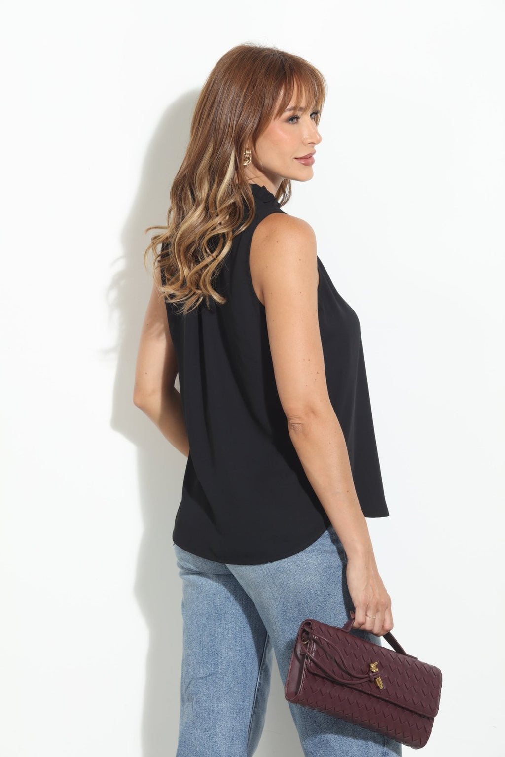 Onyx Pleated Neck Sleeveless Blouse