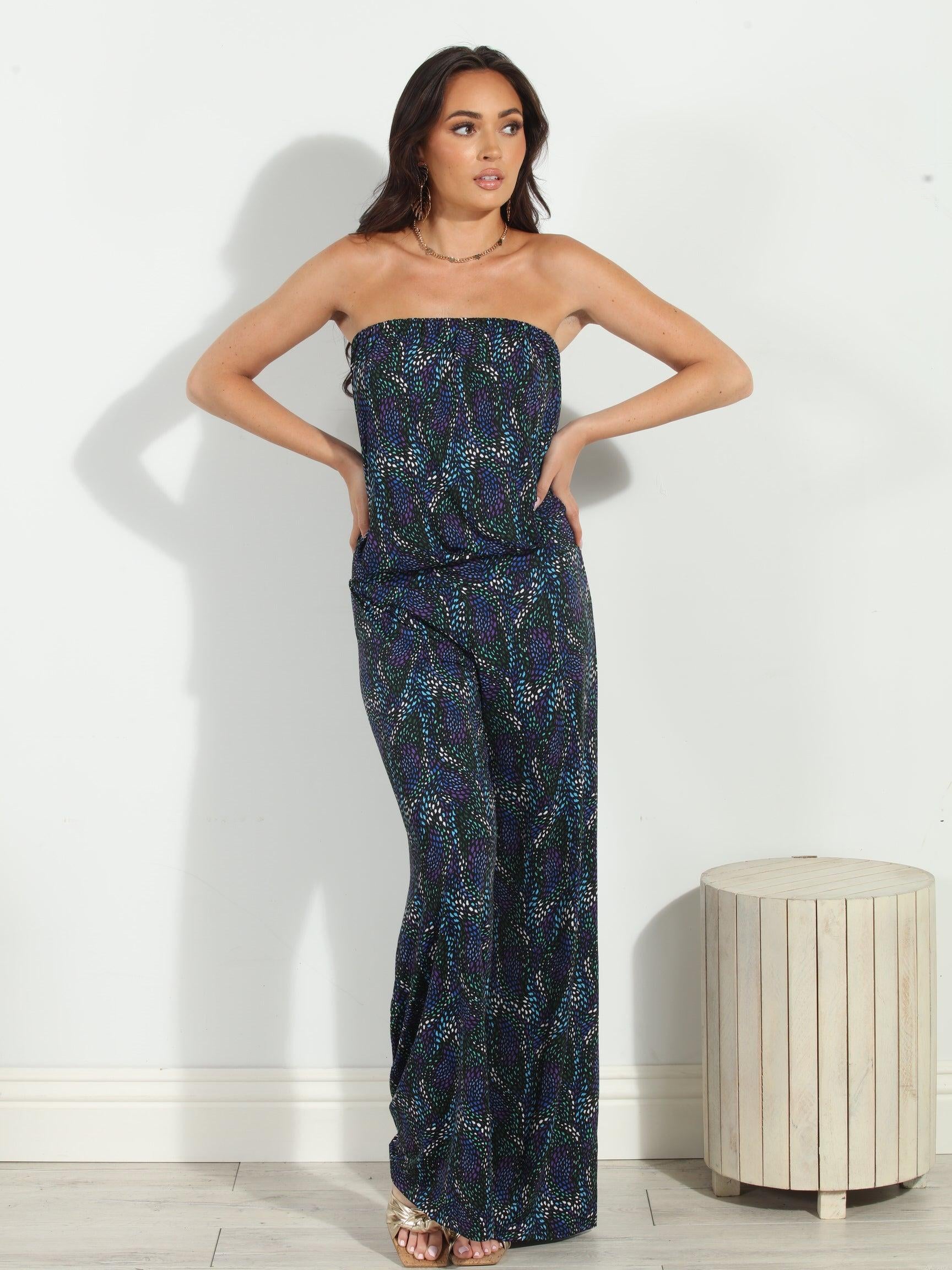 multicolored strapless jumpsuit on woman