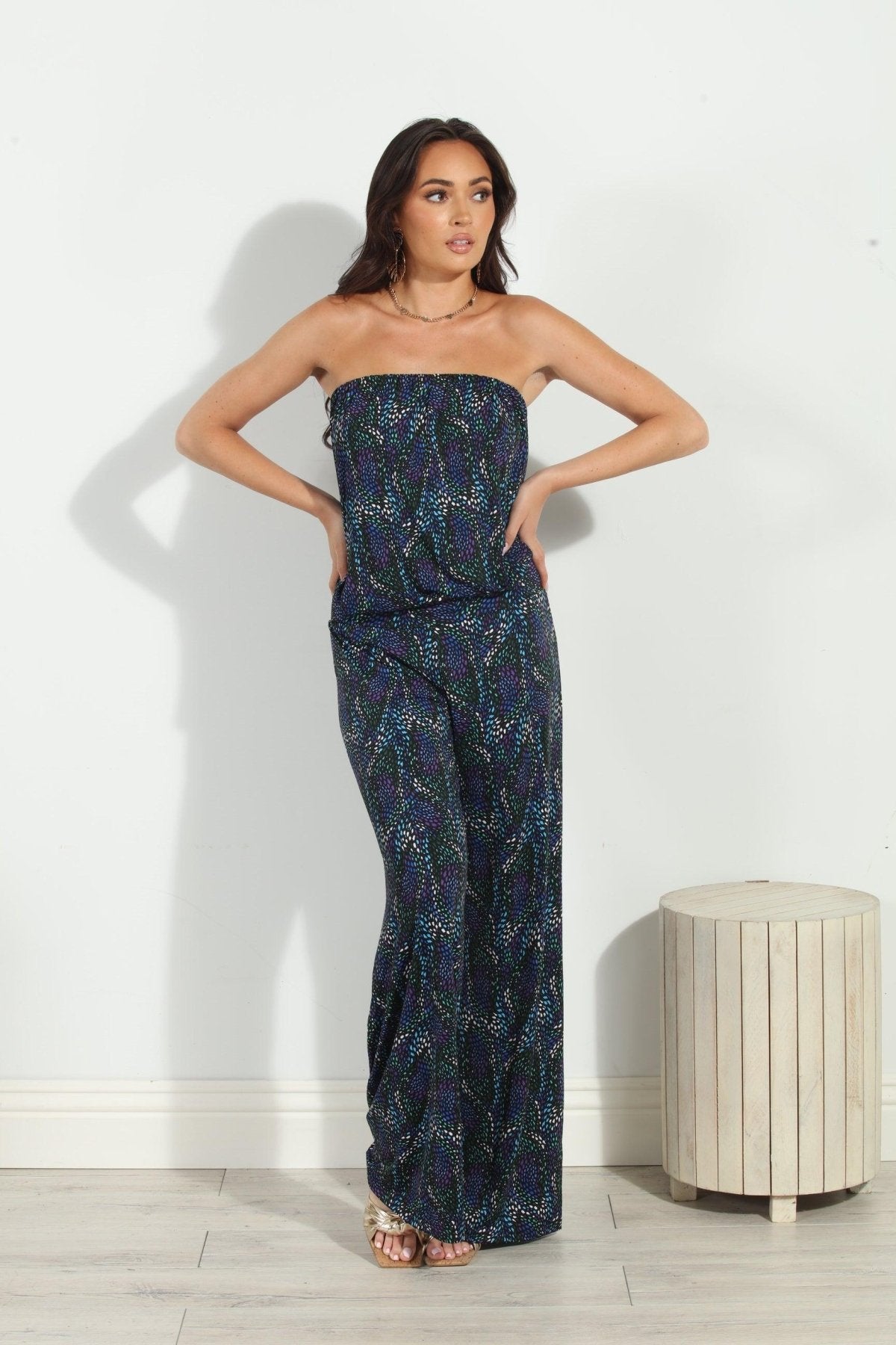 multicolored strapless jumpsuit on woman