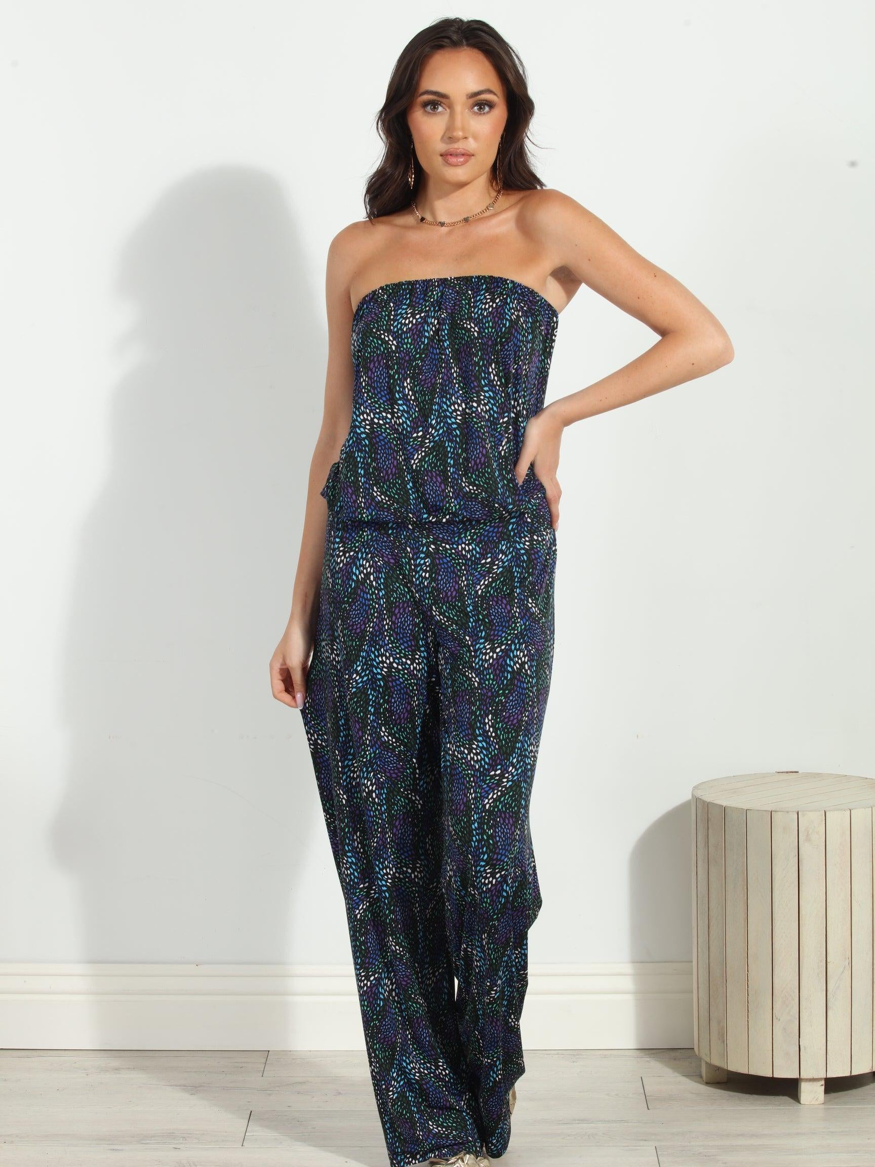 multicolored strapless jumpsuit on woman