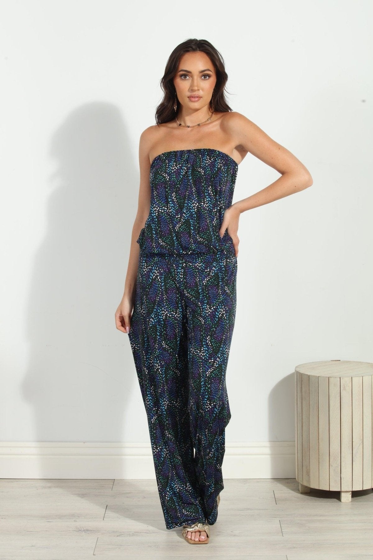 multicolored strapless jumpsuit on woman