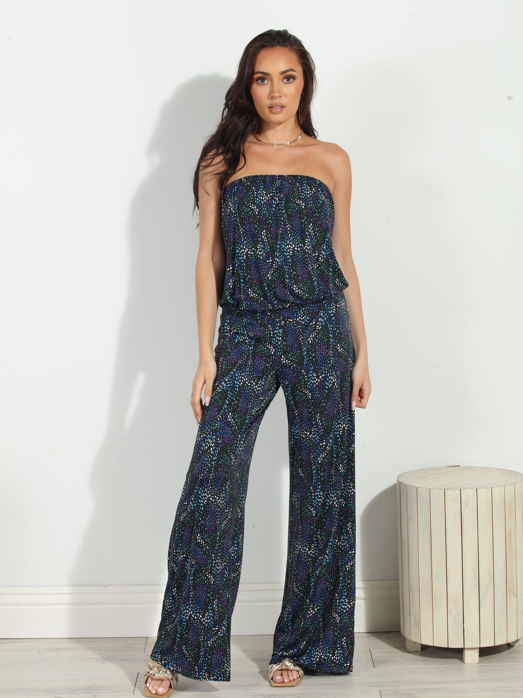 multicolored strapless jumpsuit on woman