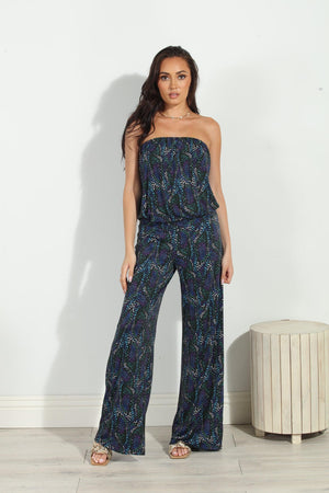 multicolored strapless jumpsuit on woman
