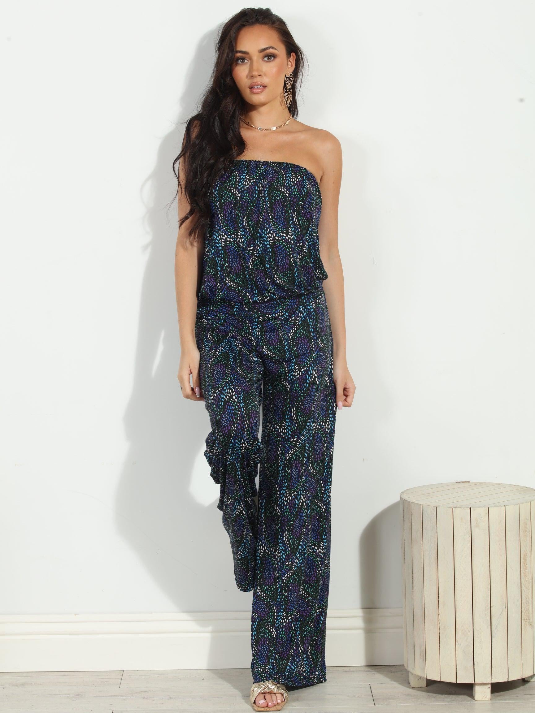 multicolored strapless jumpsuit on woman
