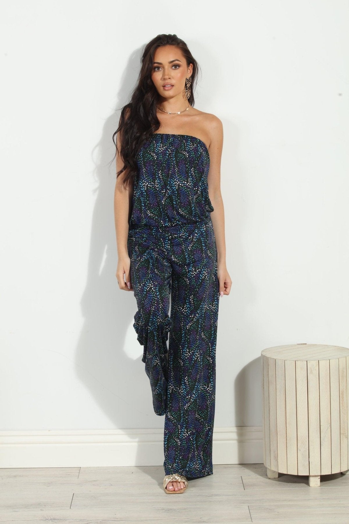 multicolored strapless jumpsuit on woman