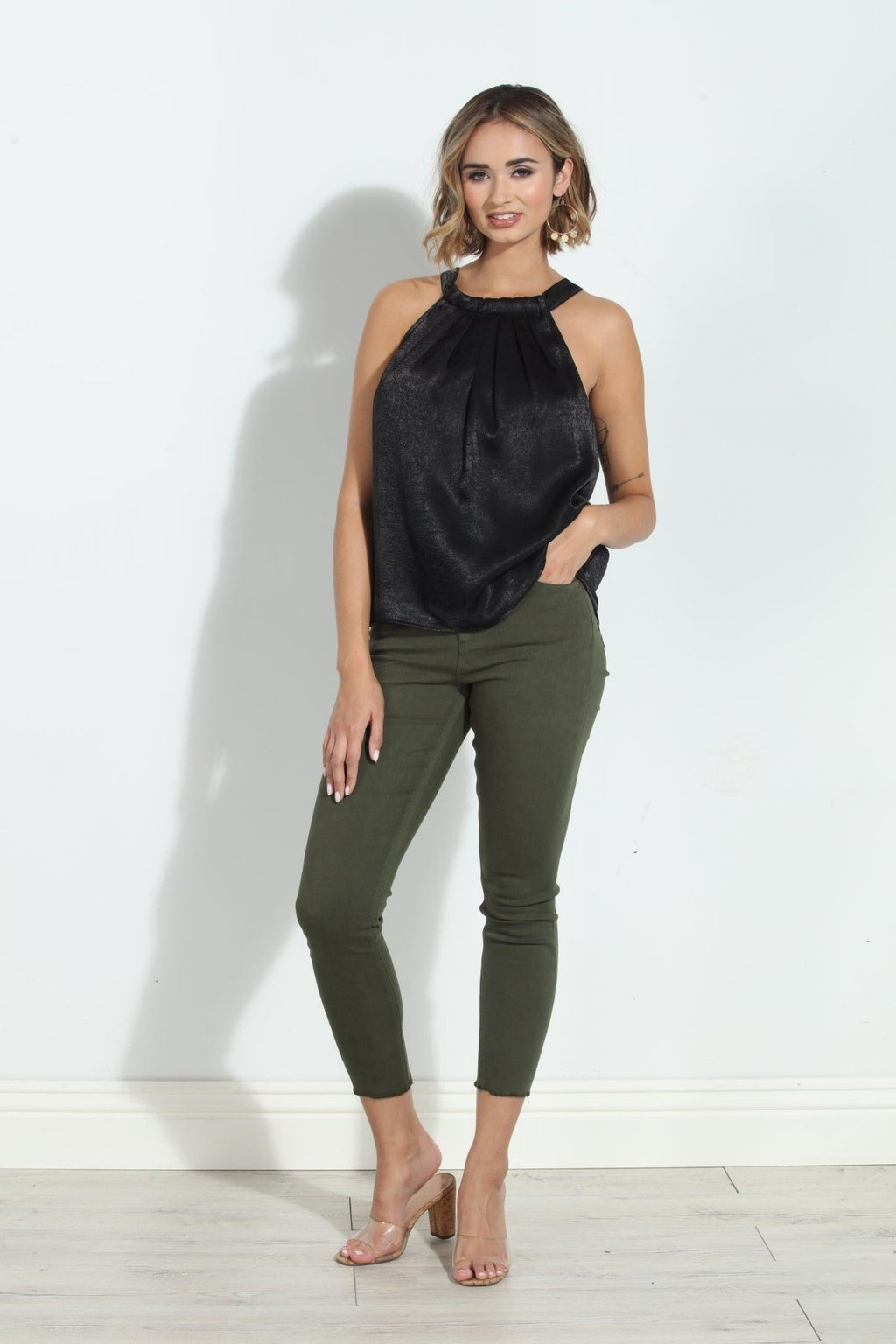 Black Heavy Satin Pleated Halter Top-FINAL SALE