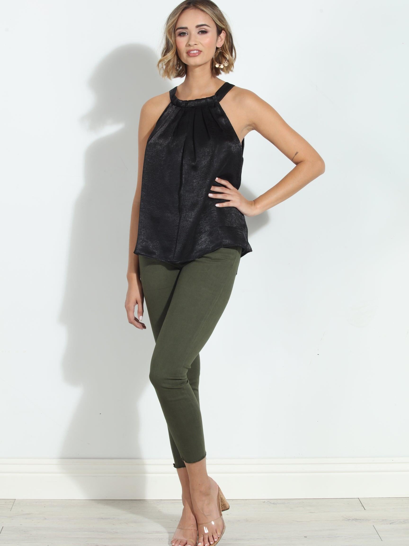 Black Heavy Satin Pleated Halter Top-FINAL SALE