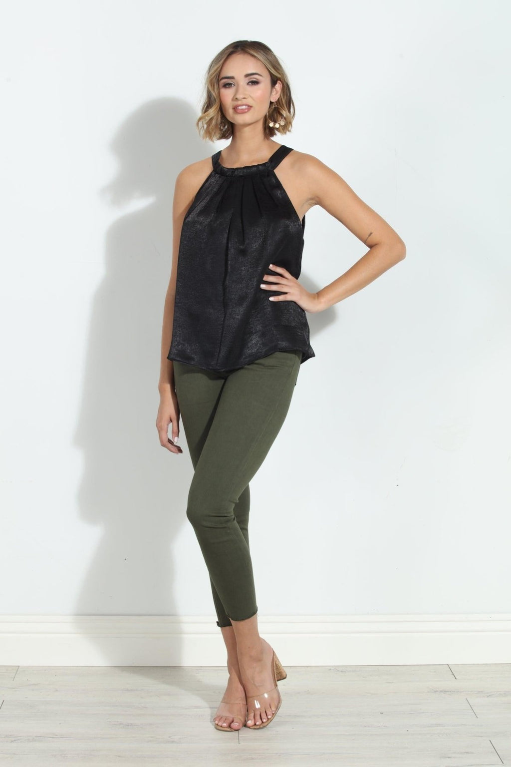 Black Heavy Satin Pleated Halter Top-FINAL SALE