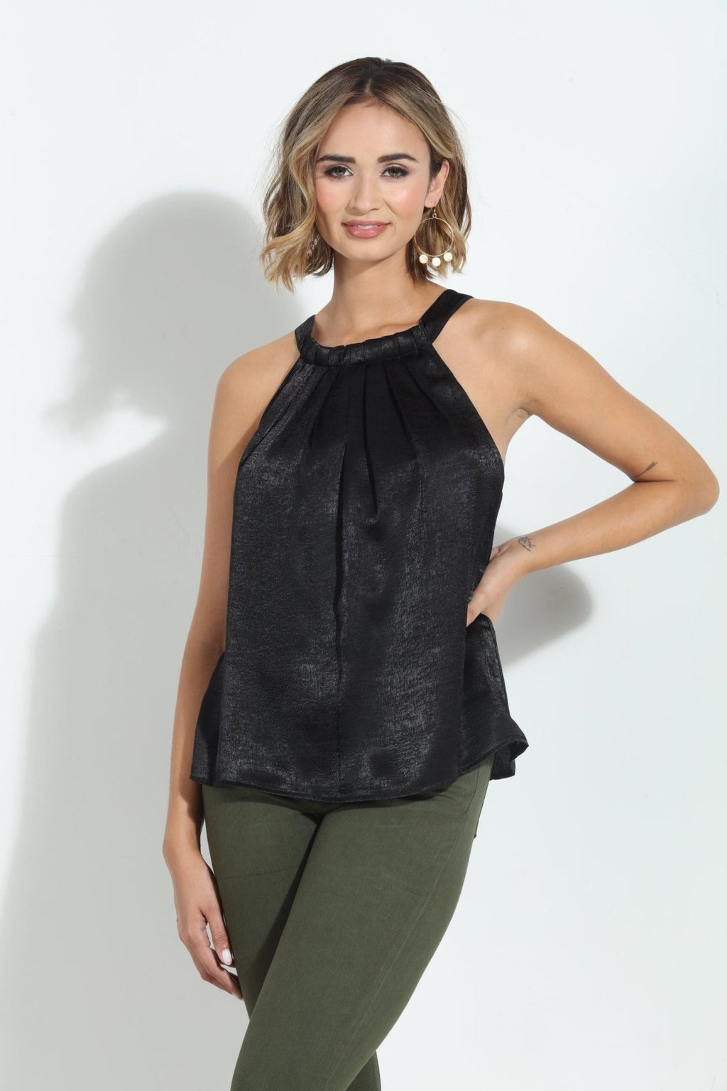 Black Heavy Satin Pleated Halter Top-FINAL SALE