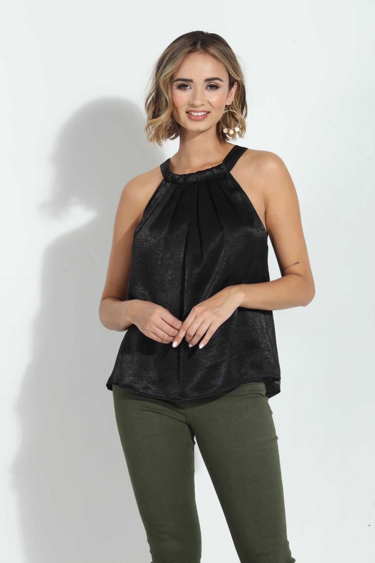Black Heavy Satin Pleated Halter Top-FINAL SALE