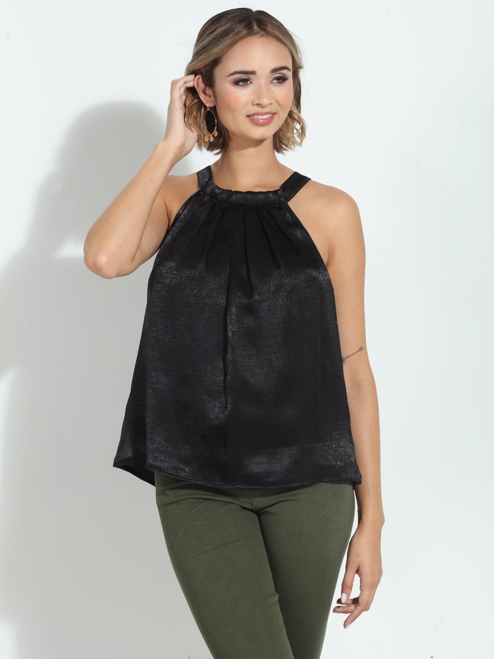 Black Heavy Satin Pleated Halter Top-FINAL SALE