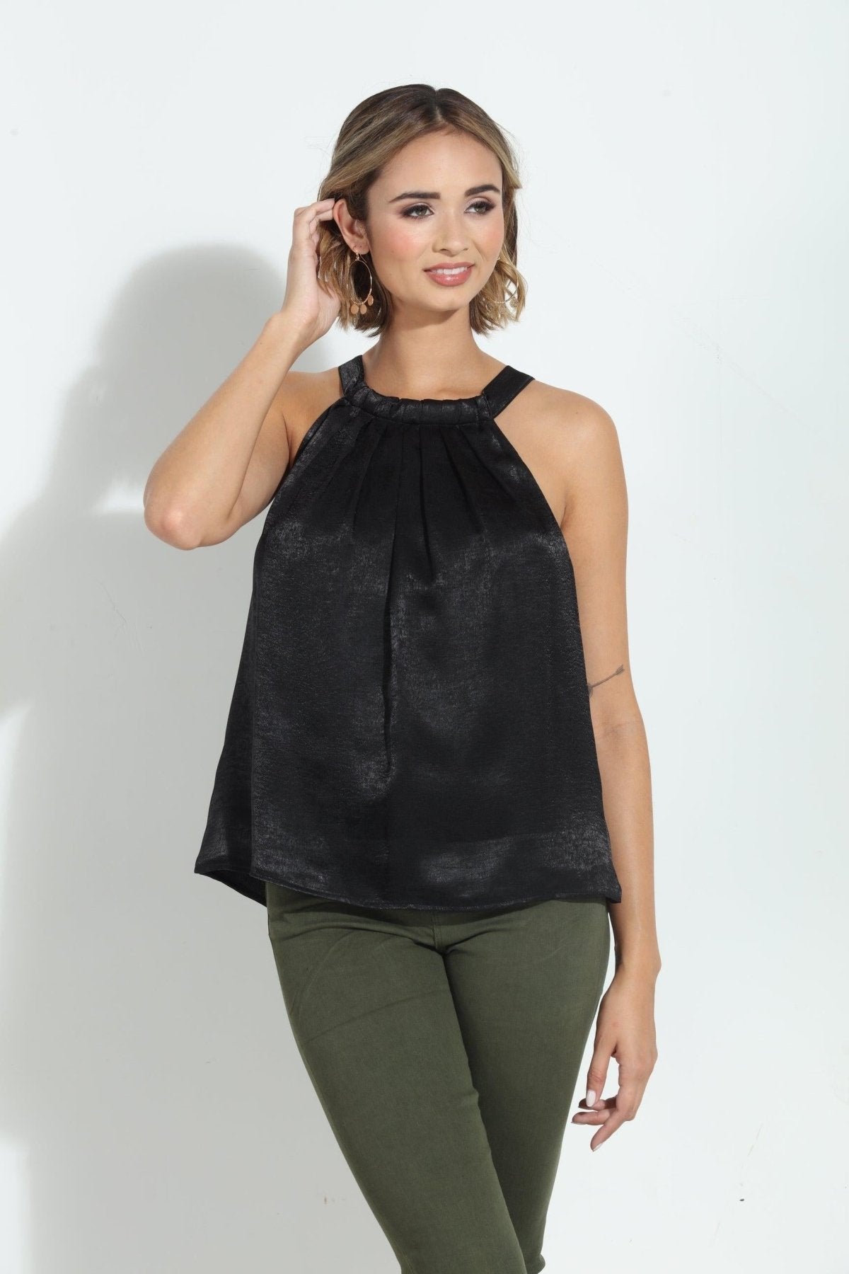 Black Heavy Satin Pleated Halter Top-FINAL SALE