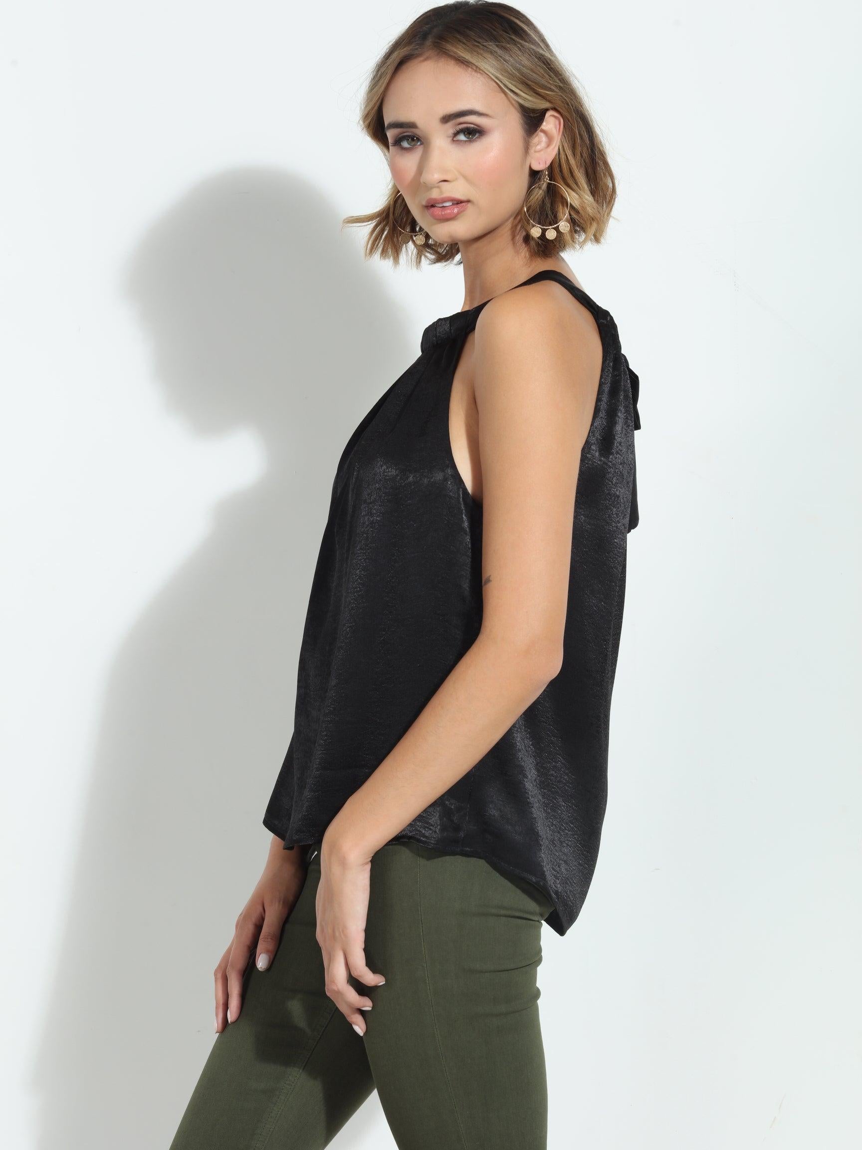 Black Heavy Satin Pleated Halter Top-FINAL SALE