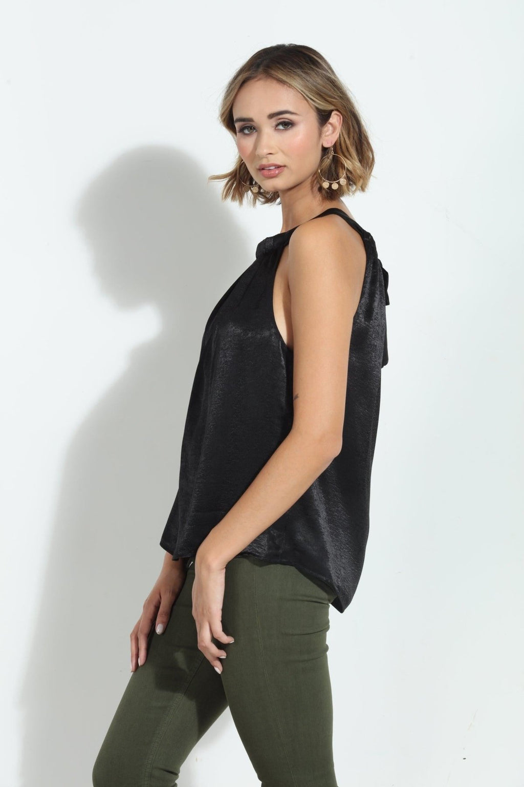 Black Heavy Satin Pleated Halter Top-FINAL SALE