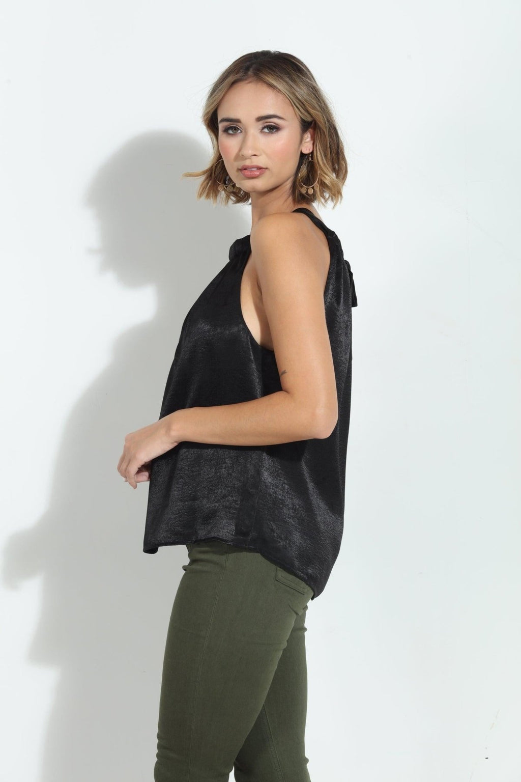 Black Heavy Satin Pleated Halter Top-FINAL SALE