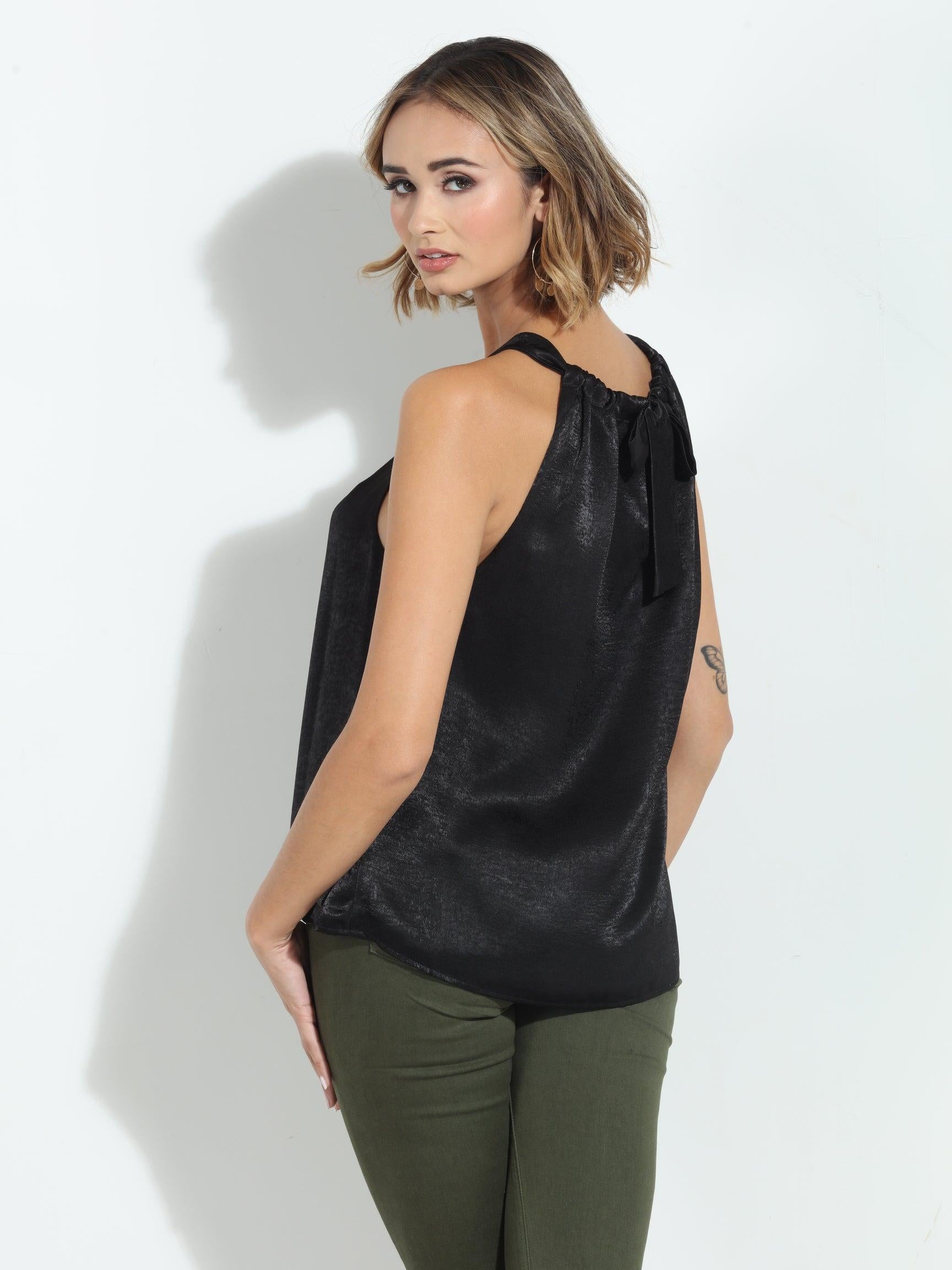Black Heavy Satin Pleated Halter Top-FINAL SALE