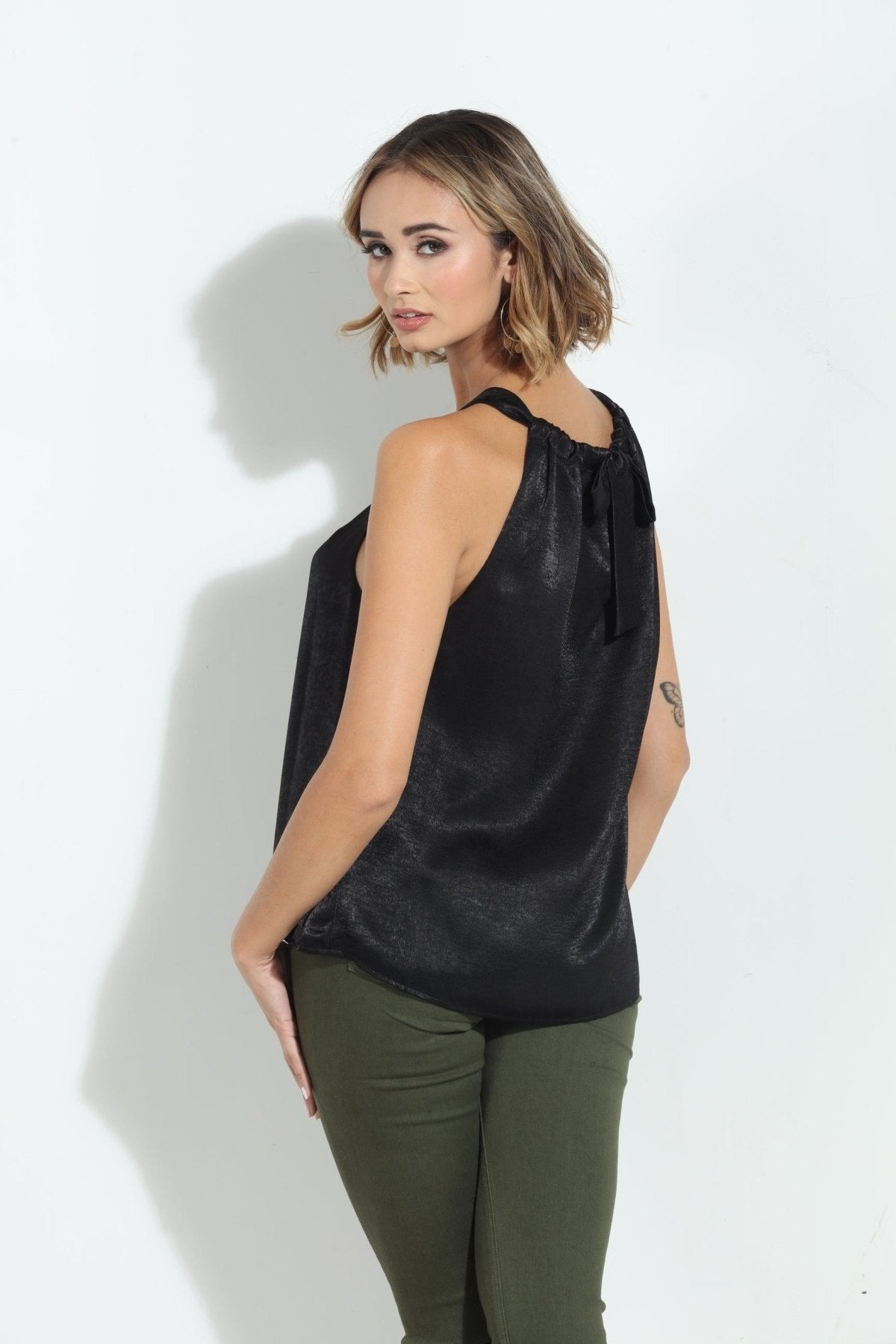 Black Heavy Satin Pleated Halter Top-FINAL SALE