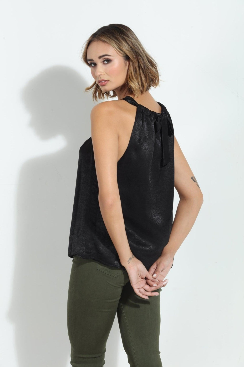 Black Heavy Satin Pleated Halter Top-FINAL SALE