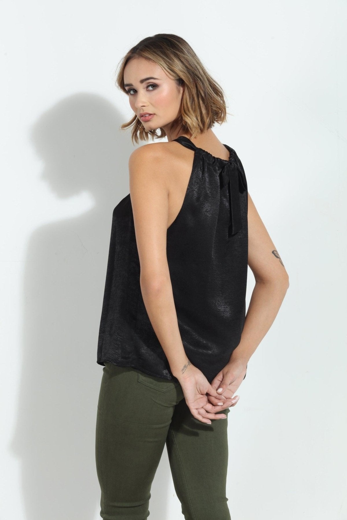 Black Heavy Satin Pleated Halter Top-FINAL SALE