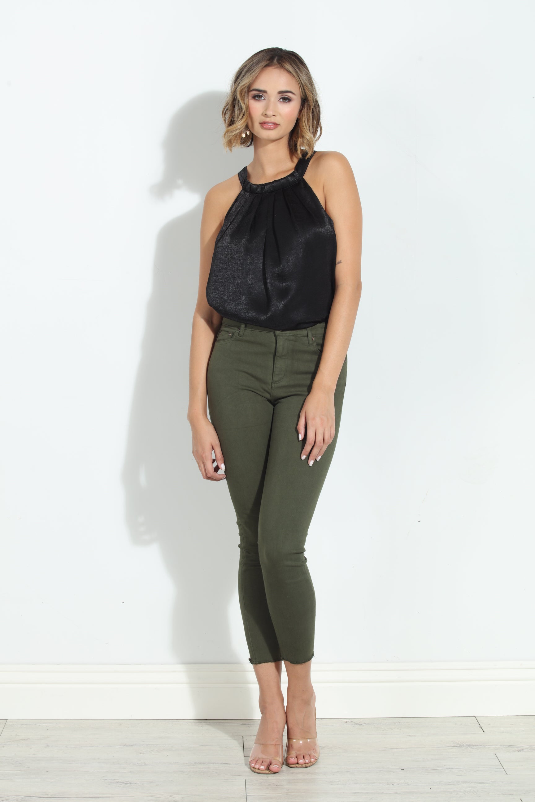 Tractr Mona High Rise Crop Fray Jeans - Olive