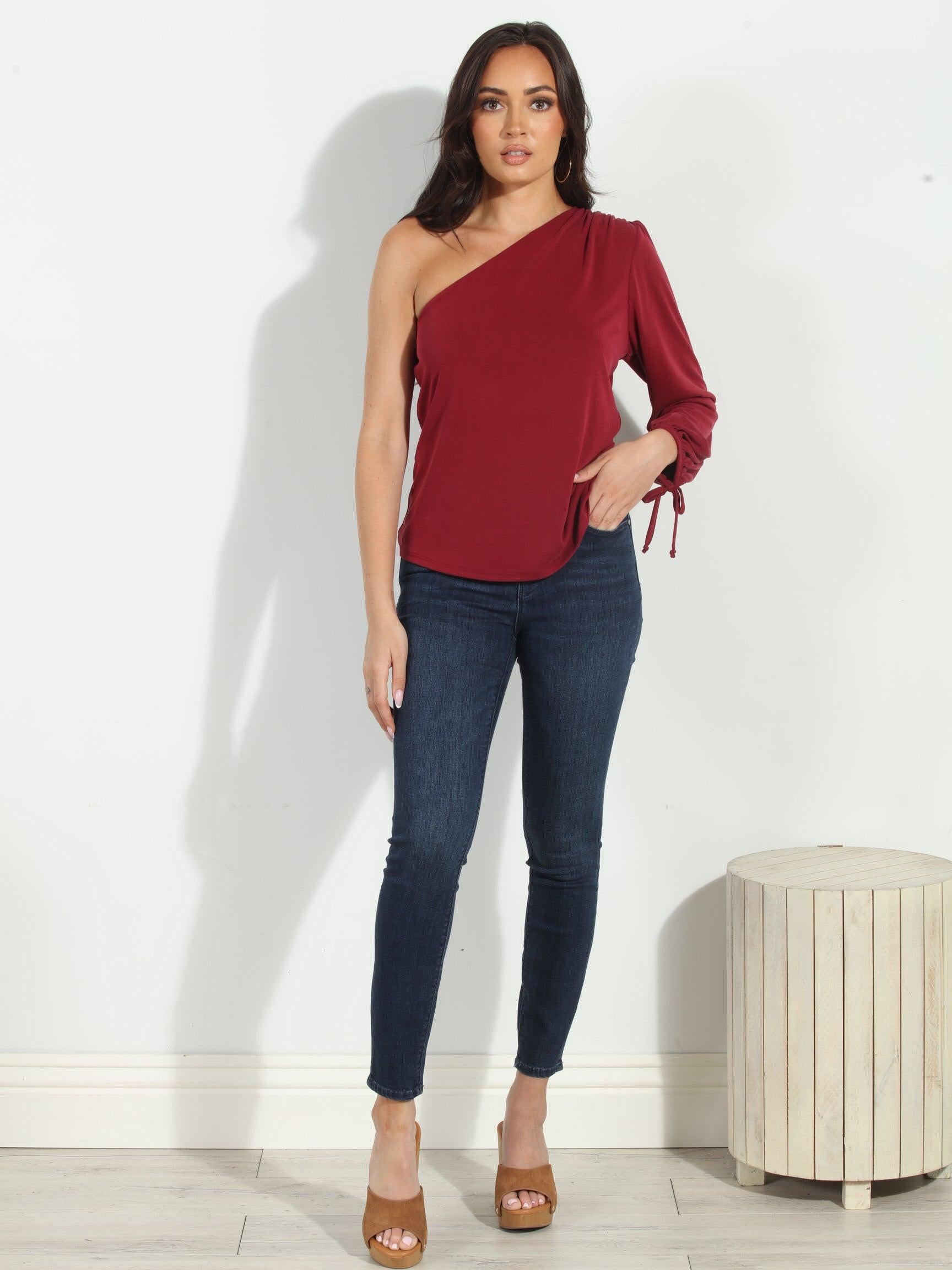 Burgundy Cupro One Shoulder Asymmetrical Top-FINAL SALE