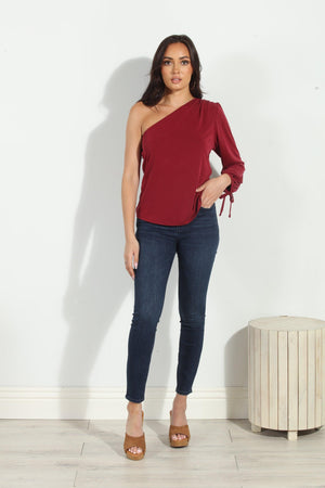 Burgundy Cupro One Shoulder Asymmetrical Top-FINAL SALE