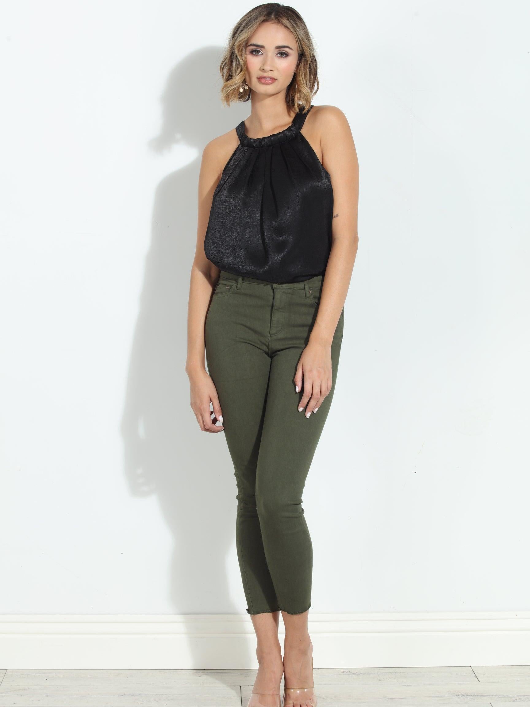 Black Heavy Satin Pleated Halter Top-FINAL SALE